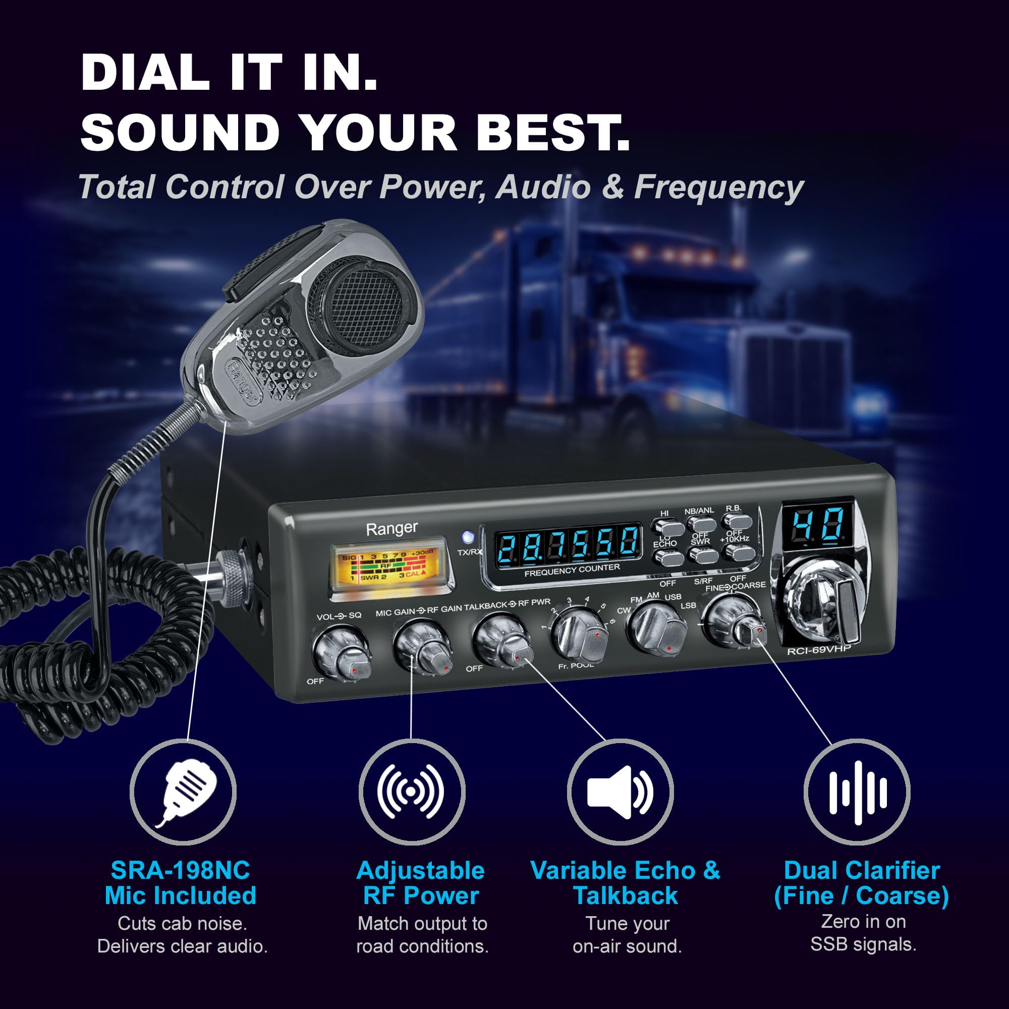Ranger RCI-69VHP High Power 10 Meter Amateur Radio 80W PEP All-Mode (CW/FM/AM/SSB) SRA-198NC Dynamic Noise Canceling Mic 6-Digit Frequency Counter Fine/Coarse Clarifier SWR Meter & Big Heatsink — view 4