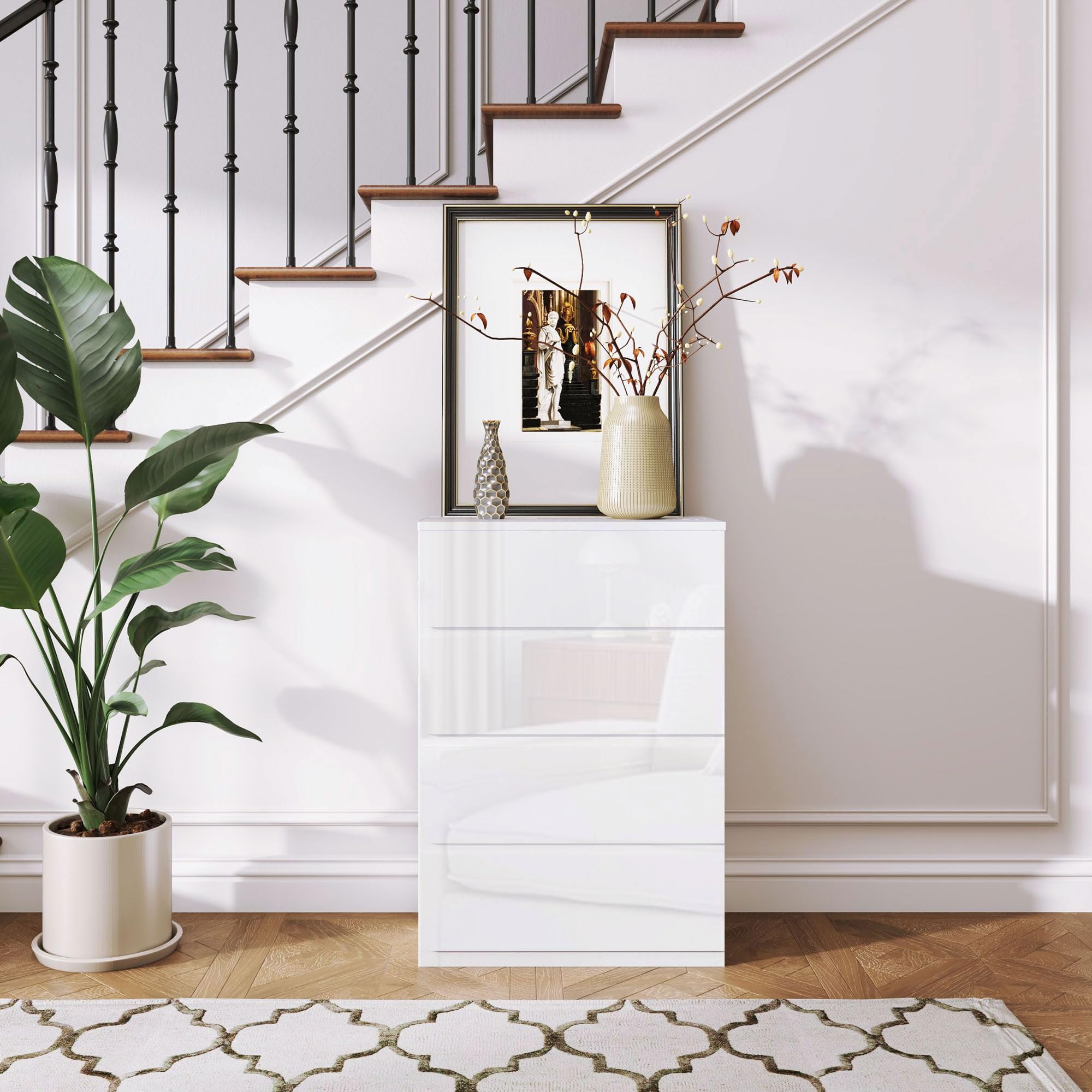 HOMCOM Cómoda con 4 Cajones Cómoda de Dormitorio Moderno con Diseño Anti-vuelco Cajonera para Salón Pasillo 55x33x80 cm Blanco Brillante