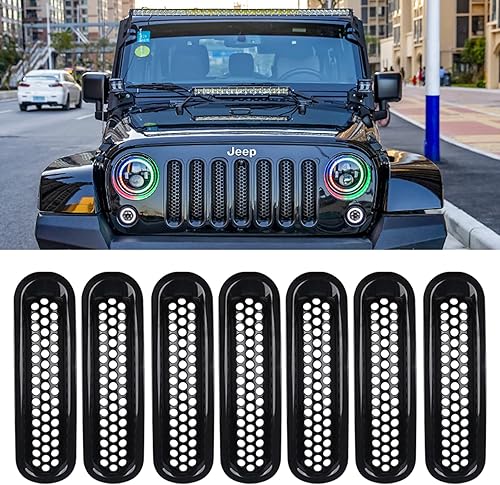 Cubierta de rejilla de malla frontal compatible con Jeep Wrangler JK y JKU 2007-2018 - Insertos de parrilla negros con protector de clip con ranuras