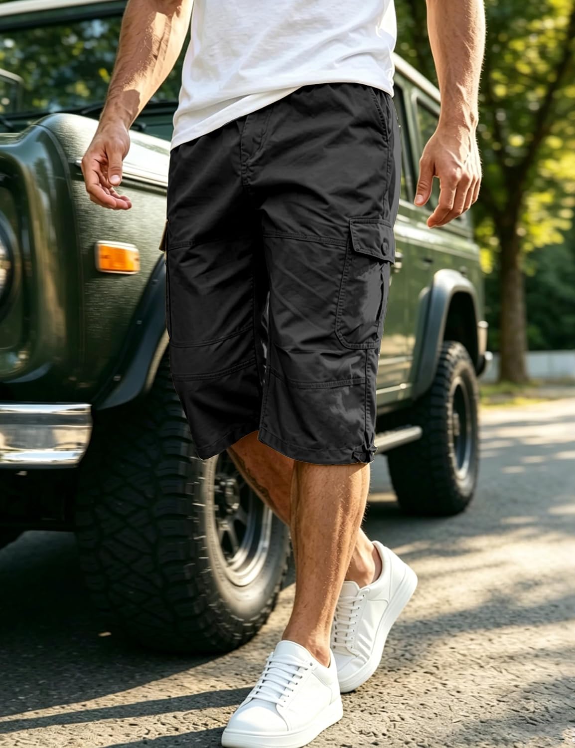 EKLENTSON Men's Cargo Shorts Casual Twill Elastic 3/4 Capri Pants Below Knee Long Shorts with 7 Pockets