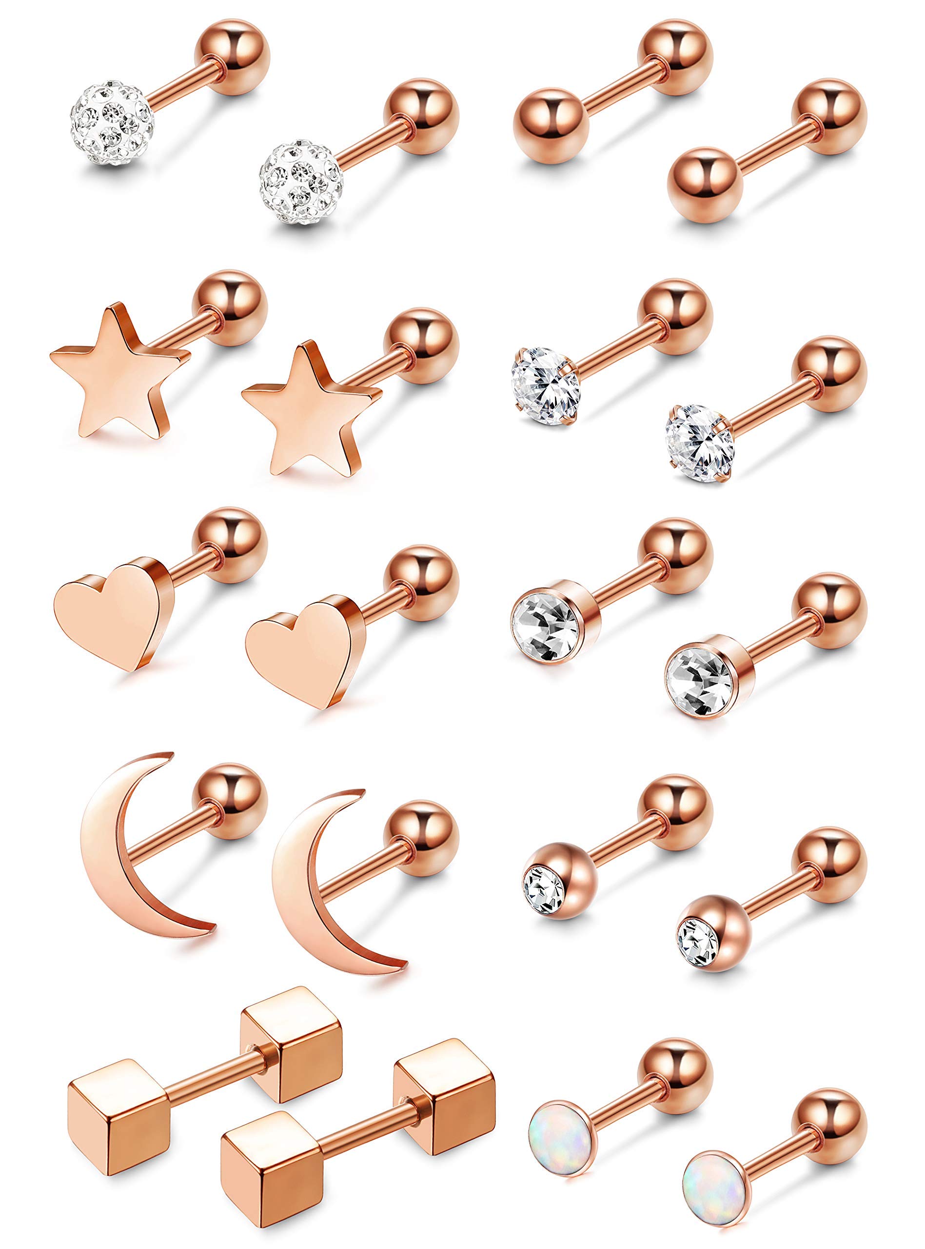 YADOCA 10 Pares Acero Inoxidable Pendientes Mujer Plata Oro Rosa Juego Pendientes Tragus Piercing Helix Corazón Estrella Luna Pendiente Cartilago Oreja para Mujeres Niñas
