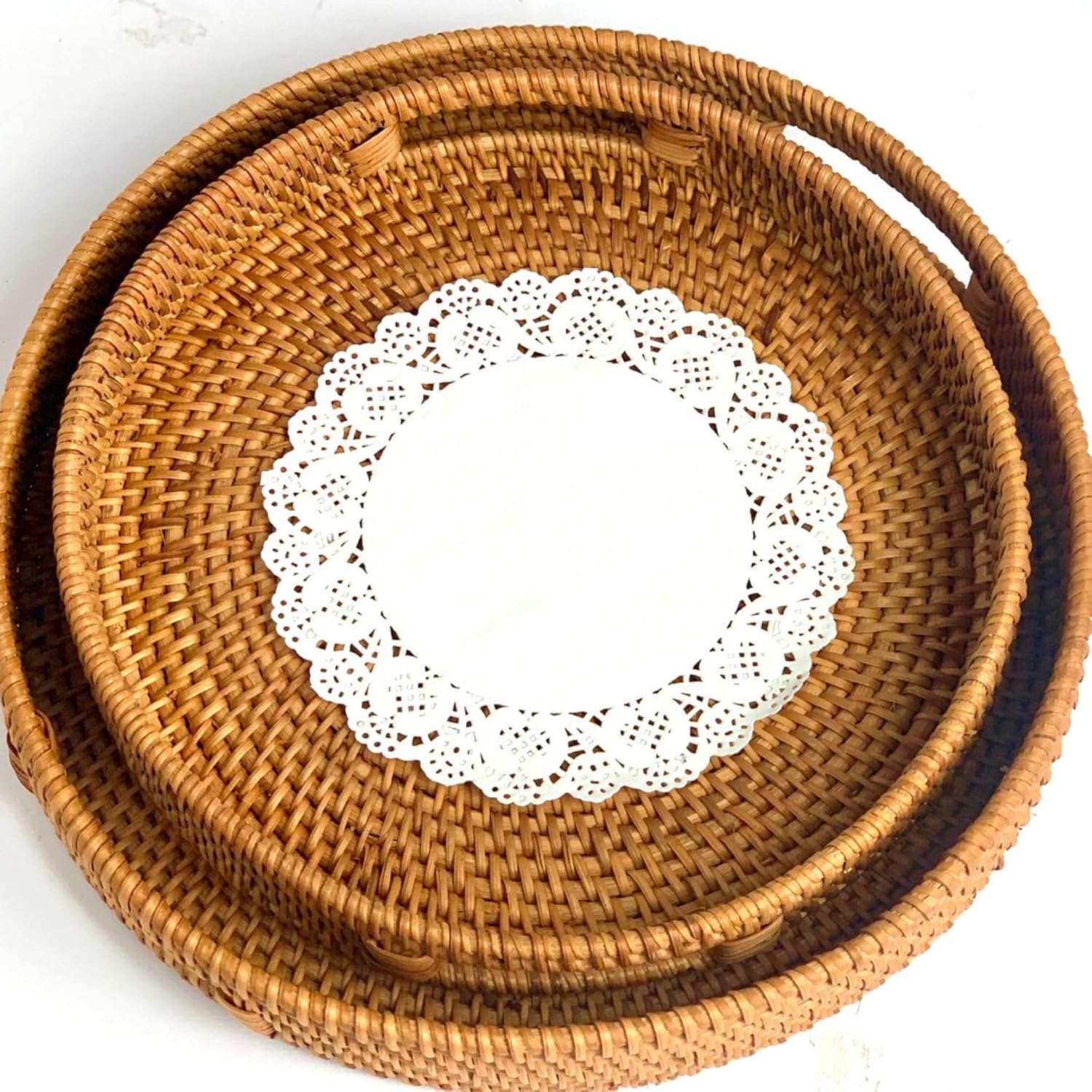 Set of 2 Round Decorative Tray, Wicker Tray with Wooden