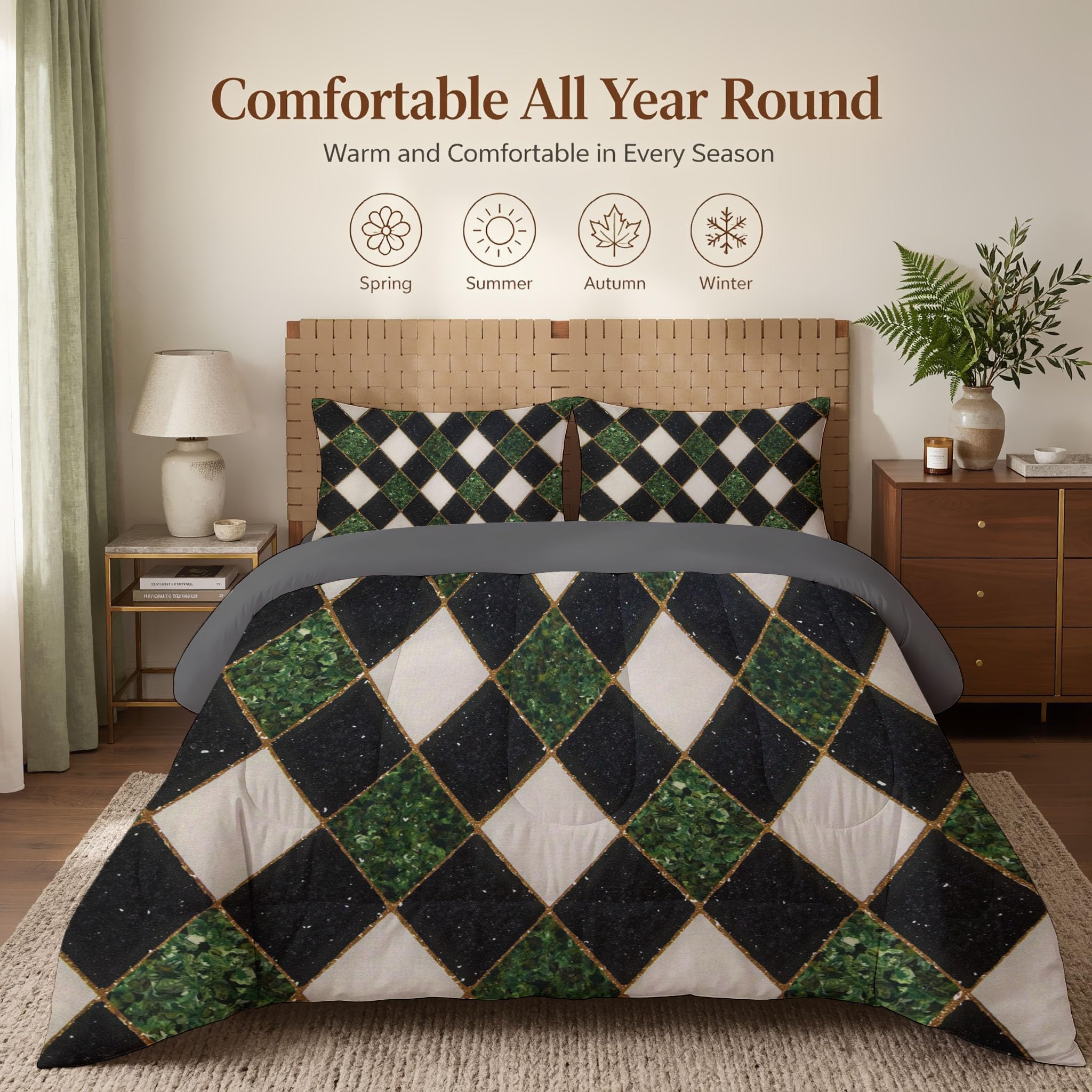 Couette Motif en Losange 2pc Fille Tempérée pour lit 1 Personne-100% Microfibre -Enfant 4 Saisons et 220x240cm + 1 Taie d'oreiller 65x65 cm -Luxe rétro géométrique Lumineux