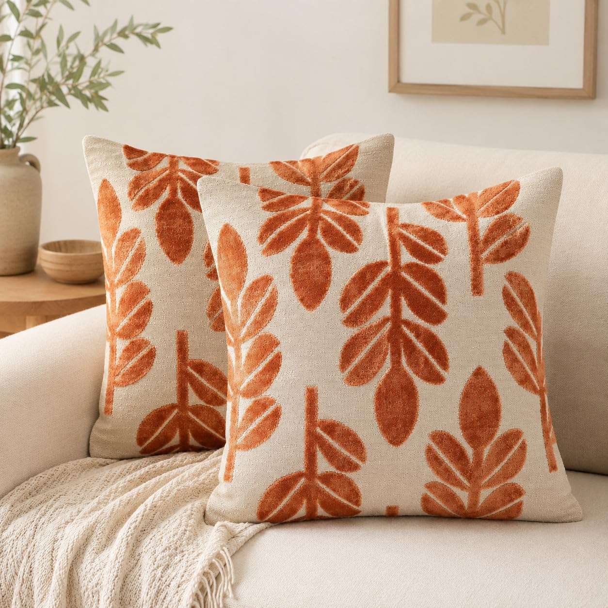 GM Jacquard Velvet Cushion Cover 16x16 Inches | Tufted Terracotta Leaf Design Decorative Throw Pillow Cover | Soft Sofa Cushion Cover with Hidden Zipper |Living Room & Bedroom Home Décor (Pack of 2)-image-7