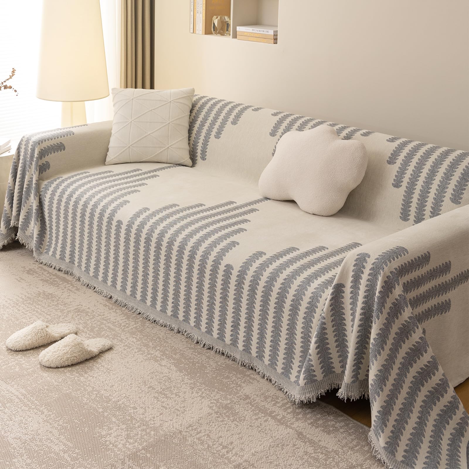 Zmywalny pokrowiec na kanapę segmentowy pokrowiec na sofę w kształcie litery L, narzuta na sofę z frędzlami, na krzesło Loveseat, futon, 71 x 126 cm, jasnoszary