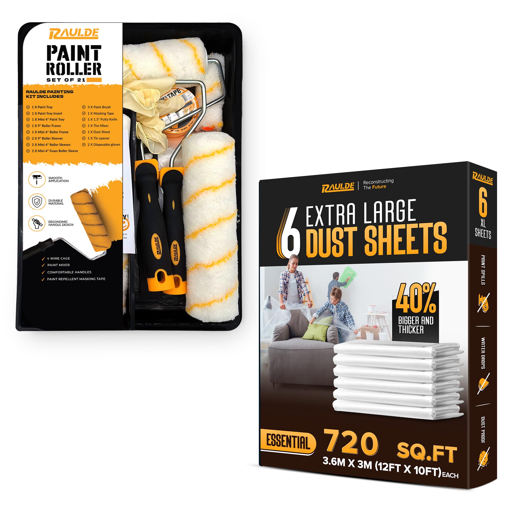 21 Pcs Paint Roller Set with 6X Large Dust Sheets for Decorating – Complete Painting Kit with Rollers, Brushes, Trays, Masking Tape & Plastic Sheets for Walls, Ceilings & Furniture Protection