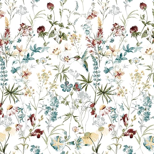 VEELIKE Turquoise Floral Peel and Stick Wallpaper Boho Wildflowers with Bird Wallpaper for Bathroom Bedroom 17.7''x354'' Prepasted Removable Botanical Floral Contact Paper for Cabinets Walls Shelves