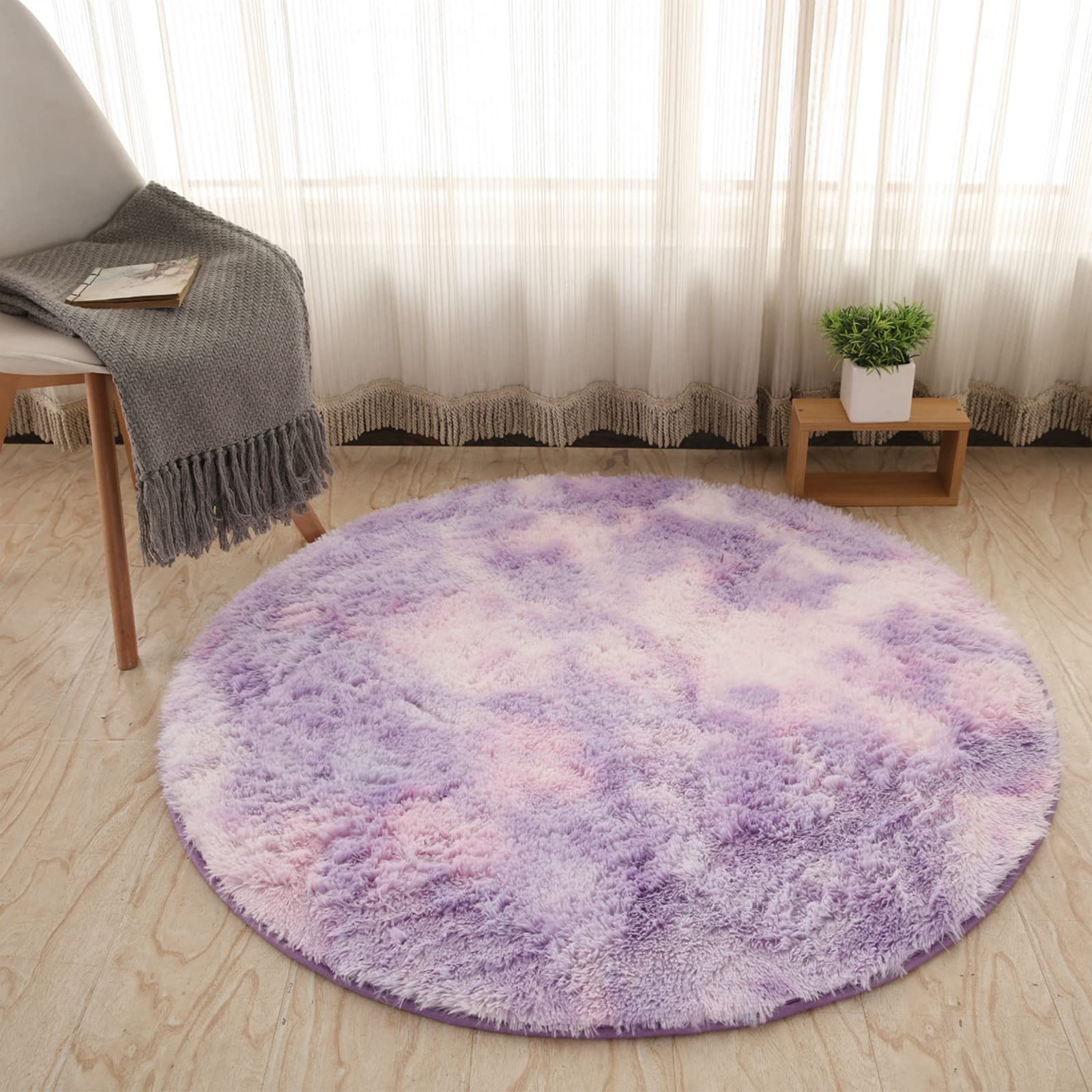 Okrągłe dywany do sypialni Dywan do salonu Tie-Dye puszyste zmywalne antypoślizgowe wewnętrzne maty podłogowe do pokoju zabaw i pokoju dziecięcego,Purple,160 * 160cm