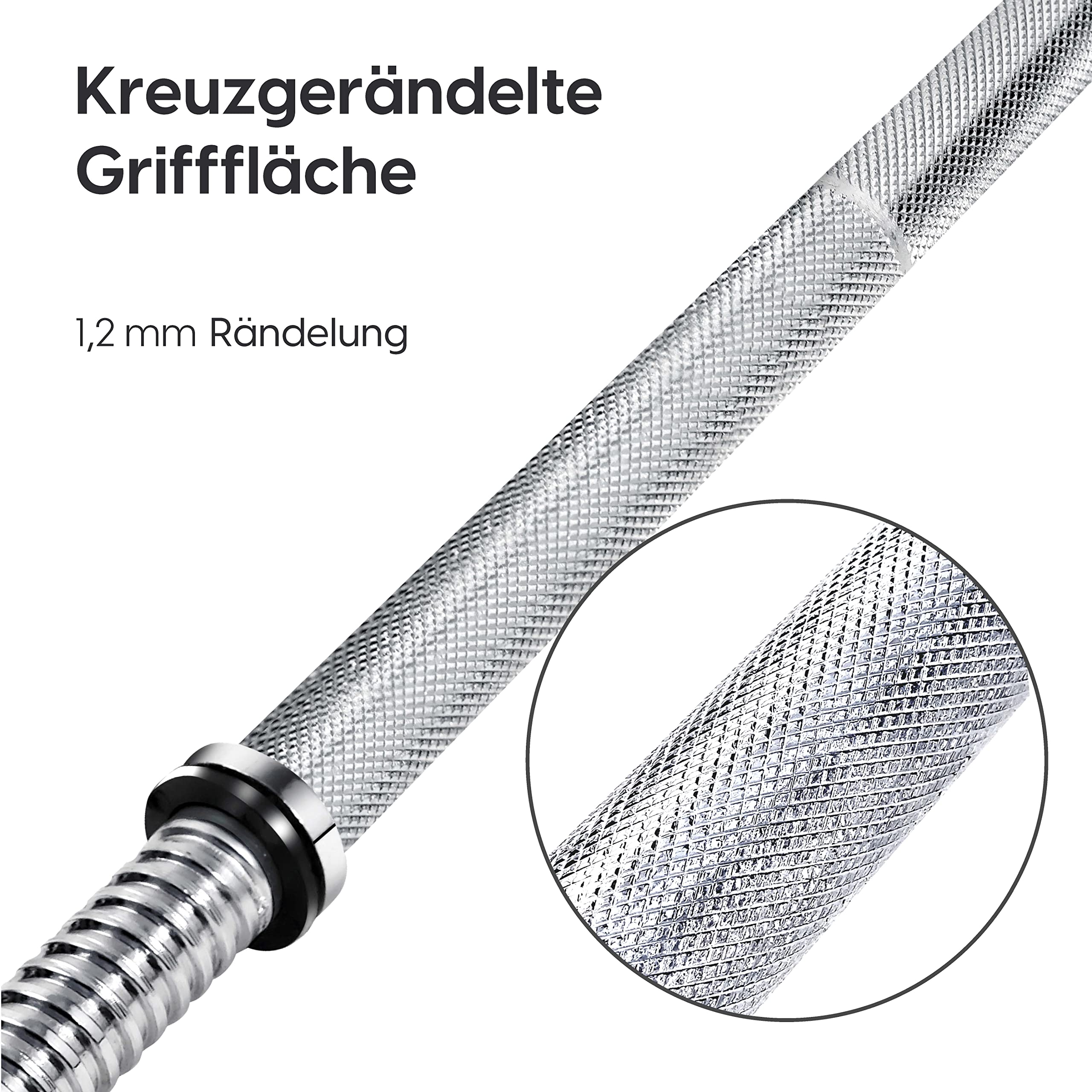 wuuhoo® Barre d'haltère Longue Henry – 180cm, 150cm ou 120cm Barre de Musculation, Ø25mm Standard, Acier chromé, Poignées moletées – capacité 70 kg - 90 kg
