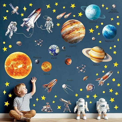 DECOWALL DS12-8077 Solar System Wall Stickers for Kids Room Décor Space Wall Decals for Bedroom Educational 3D Removable Art Murals Decorations