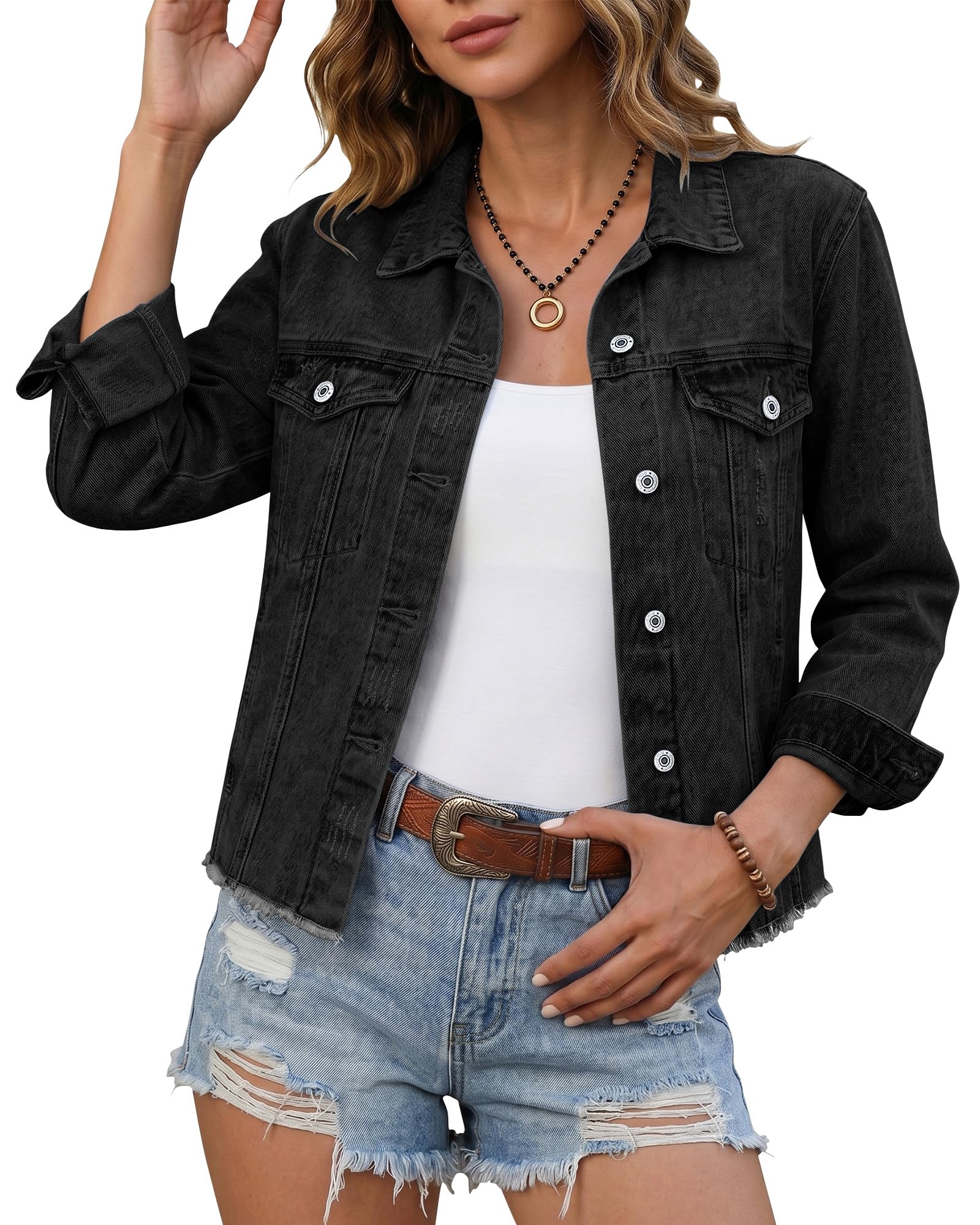 luvamia Denim Jacket for Women Distressed Jean Jackets Button Up Vintage Western Trucker Jacket Frayed Hem Pockets
