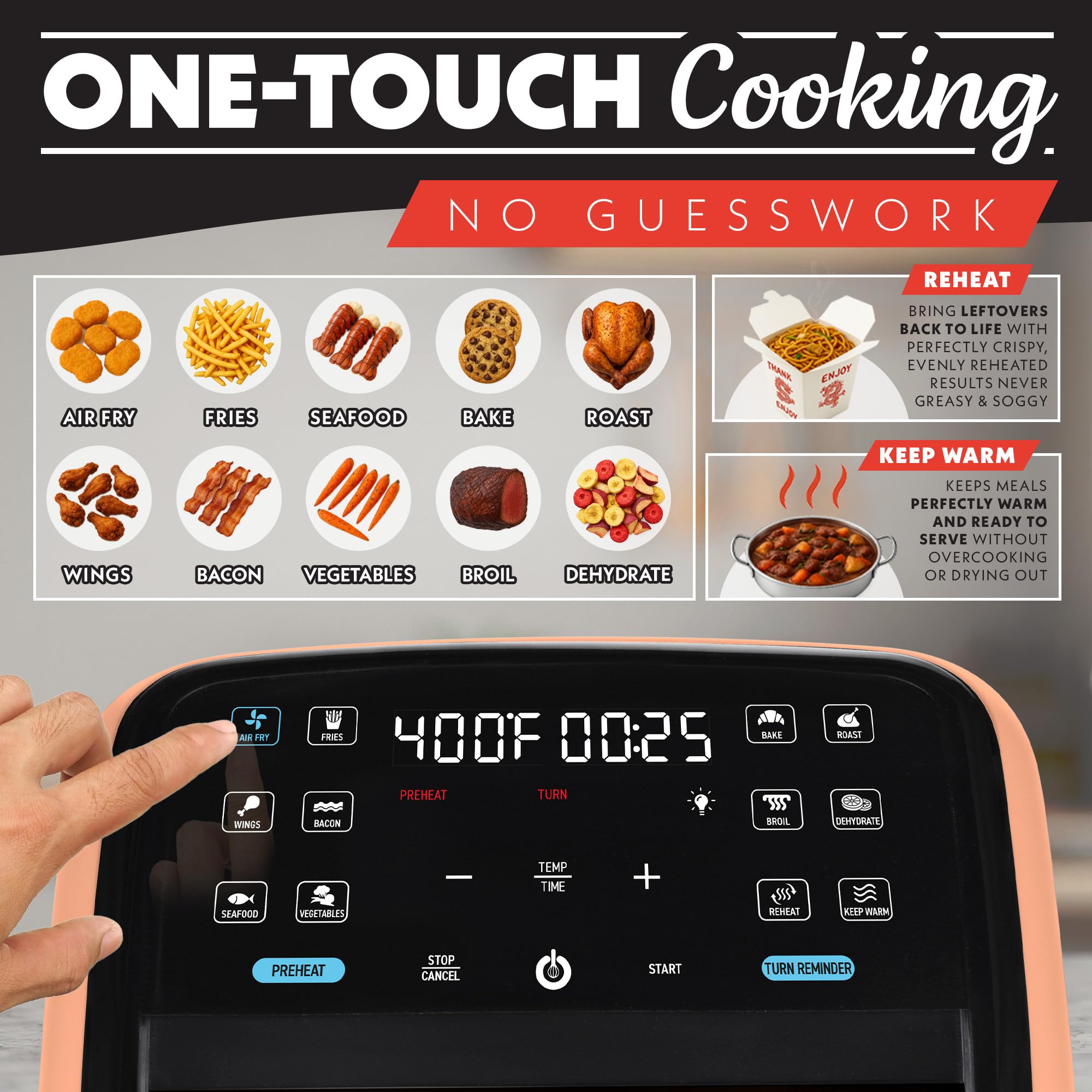 Gourmia Air Fryer 7 QT - Easy View Panoramic Window & Interior Light, Guided Cooking with 12 One-Touch Presets, FryForce 360, Dishwasher Safe Accessories, Peach - Detailed View