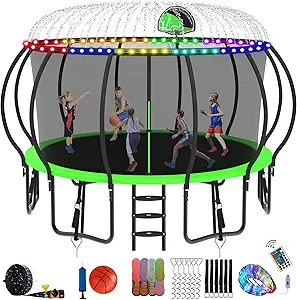 DeepRoar Tranpoline 8/10/12/14/15/16FT Pumpkin Tranpoline for Kids, Heavy Duty Outdoor Tranpolines with Basketball Hoop, Safety Enclosure Net, Light, Sprinkler, Socks, ASTM Approved
