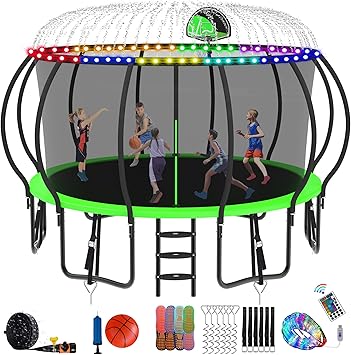 DeepRoar Tranpoline 8/10/12/14/15/16FT Pumpkin Tranpoline for Kids, Heavy Duty Outdoor Tranpolines with Basketball Hoop, Safety Enclosure Net, Light, Sprinkler, Socks, ASTM Approved