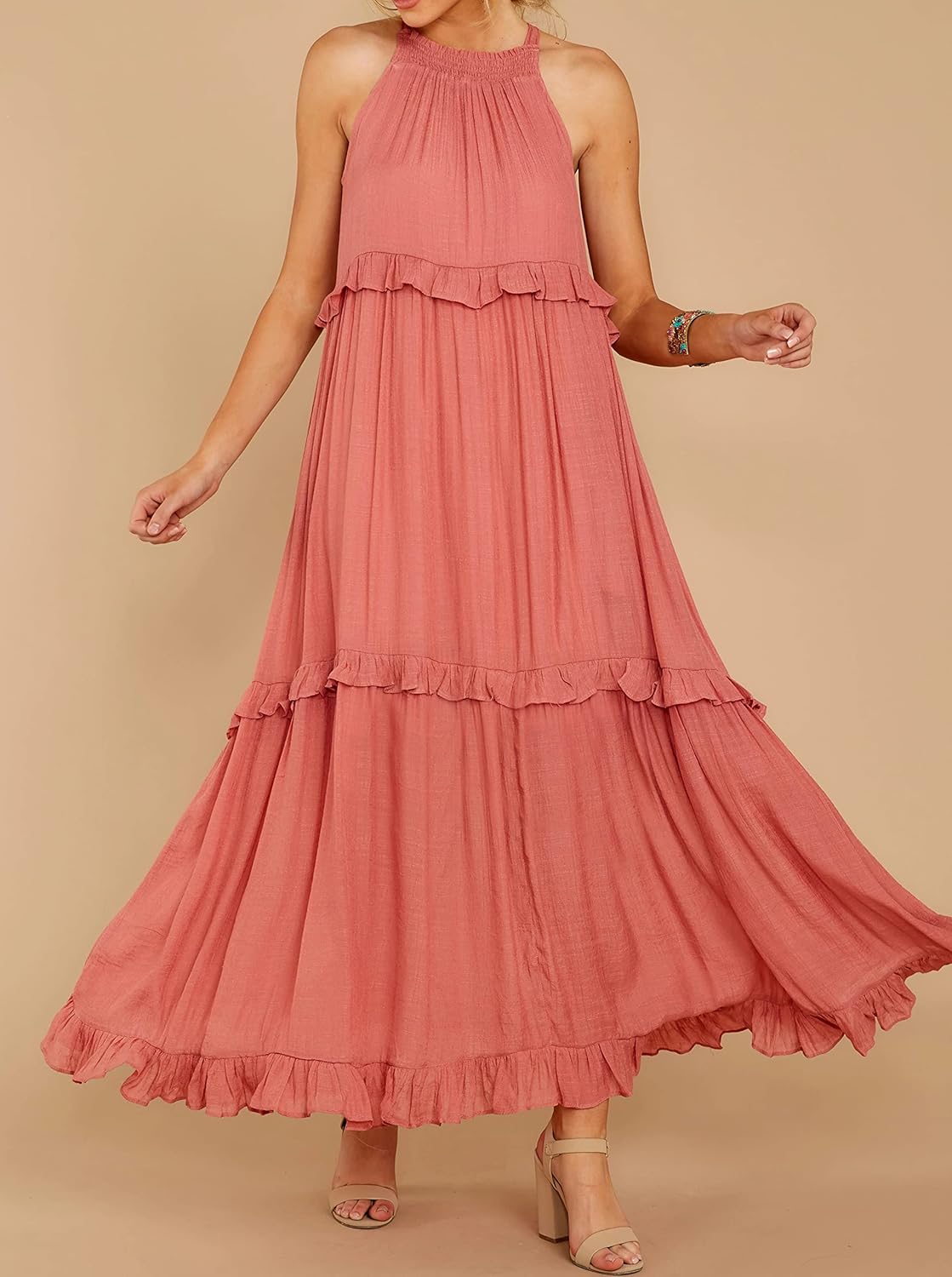 R.Vivimos Womens Summer Dress Sleeveless Halter Layered Ruffles Casual Boho Flowy Maxi Dress - Image 3