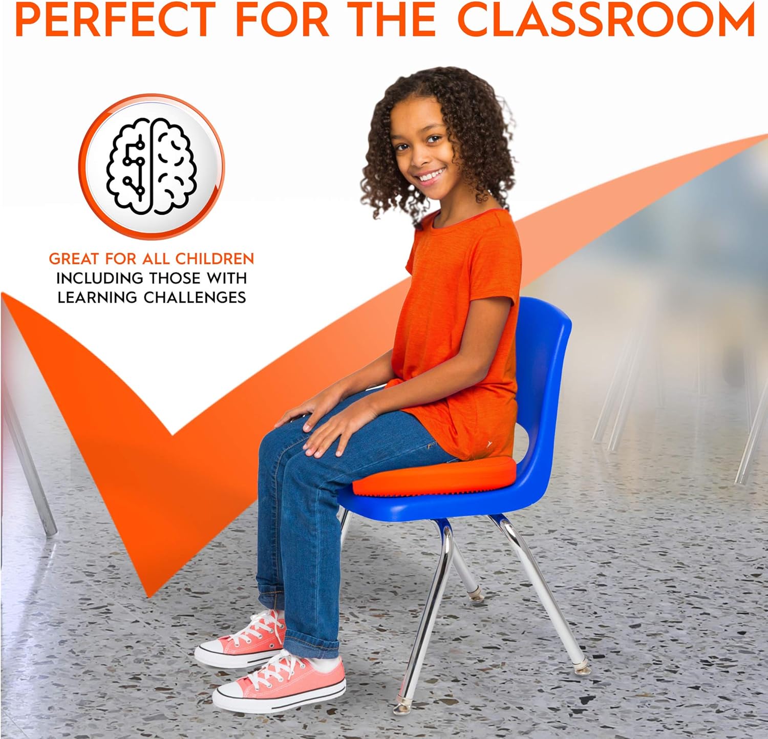 Shaped Wiggle Seats by Bouncyband–Orange Basketball, 13”x13”x2.2” –Inflatable Sensory Cushion for Kids, Improves Student Productivity and Focus, Comes with Easy-Inflation Pump to Customize Firmness