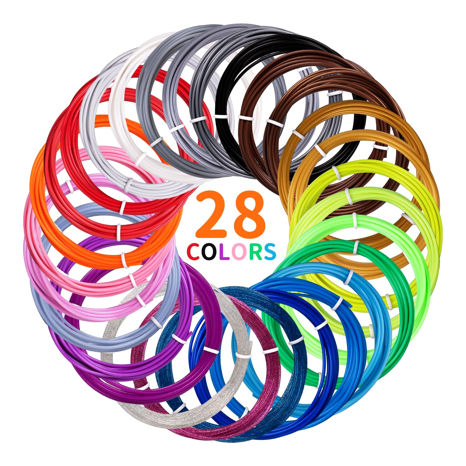 Kretrum Recambios de filamento para bolígrafo 3D, 28 colores, 1.75 mm, filamento PLA para bolígrafo de impresión 3D, cada color 3M, Total 84M (276 pies) compatible con MYNT3D SCRIB3D PIKA3D bolígrafo