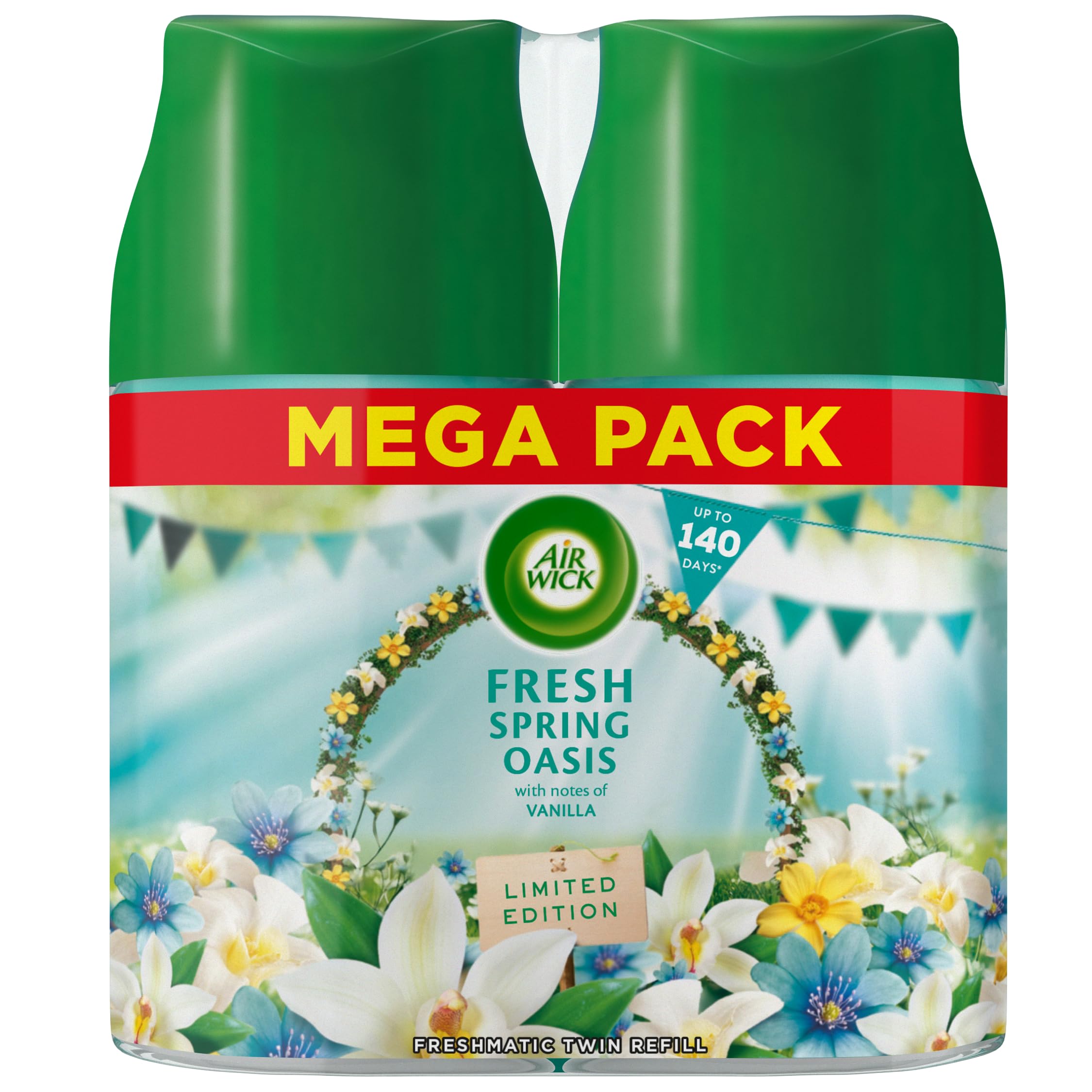 Air Wick Automatic Air Freshener Freshmatic Spray Refills| Odour Neutraliser, Bathroom and Room Air Freshener|Fragrance : Fresh Spring Oasis|2 x 250ml Refills|Lasts Upto 140 days (70 Days per refill)