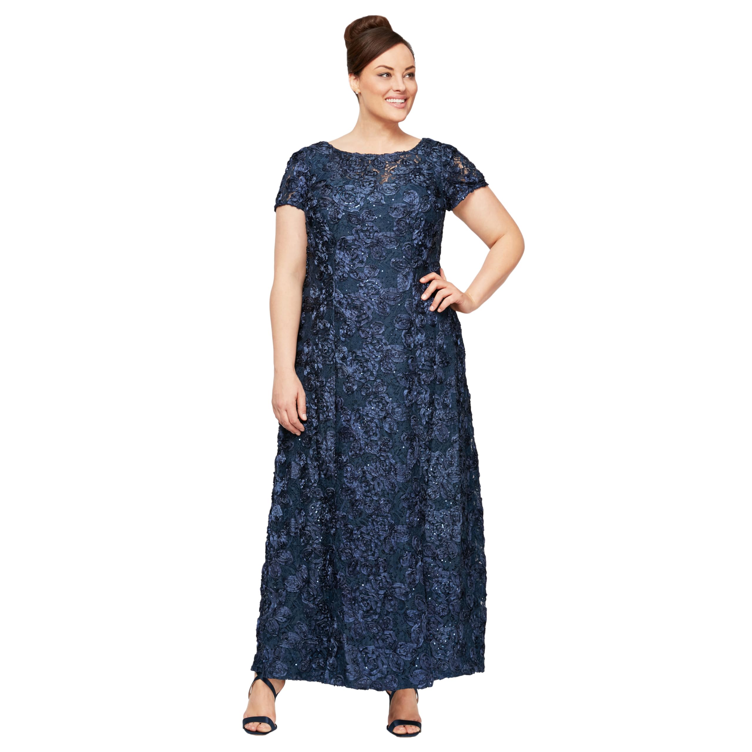 Alex Evenings Women's Long Rosette Mother of The Bride Dress with Short Sleeves, Formal Gown, Wedding Guest, Navy Plus, 16 Plus
