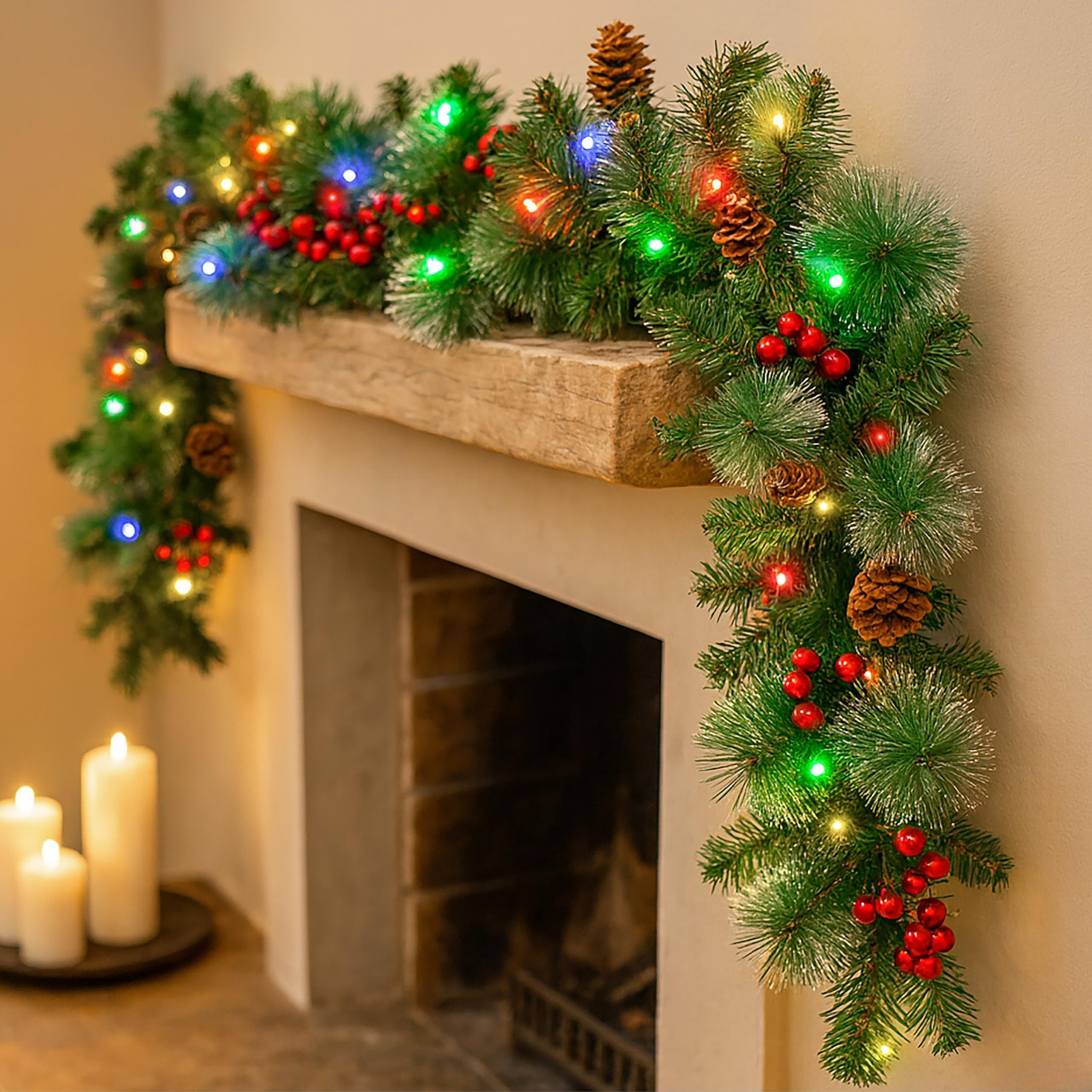 Marco Paul Luxury 9ft Multicolour Pre Lit Christmas Garland with Lights Pine & Berry & Acorn Artificial LED Garland Battery Operated Auto Timer Indoor & Outdoor Light Up Christmas Decorations