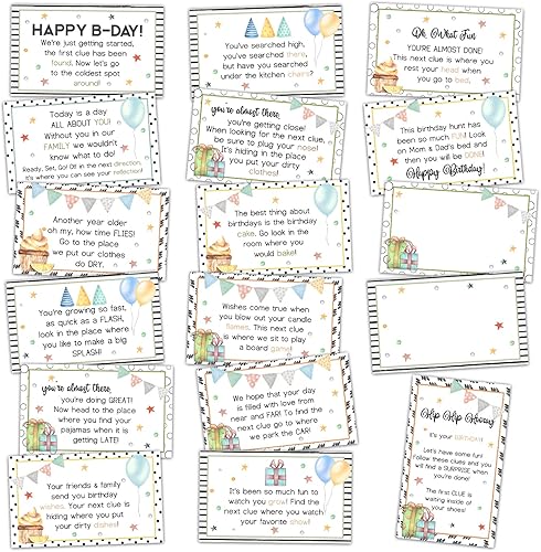 Miniatura 8 de Tarjetas de pistas de búsqueda del tesoro de cumpleaños, juego de caza del tesoro vintage, juego de 19 tarjetas y 18 sobres, juego de celebración de