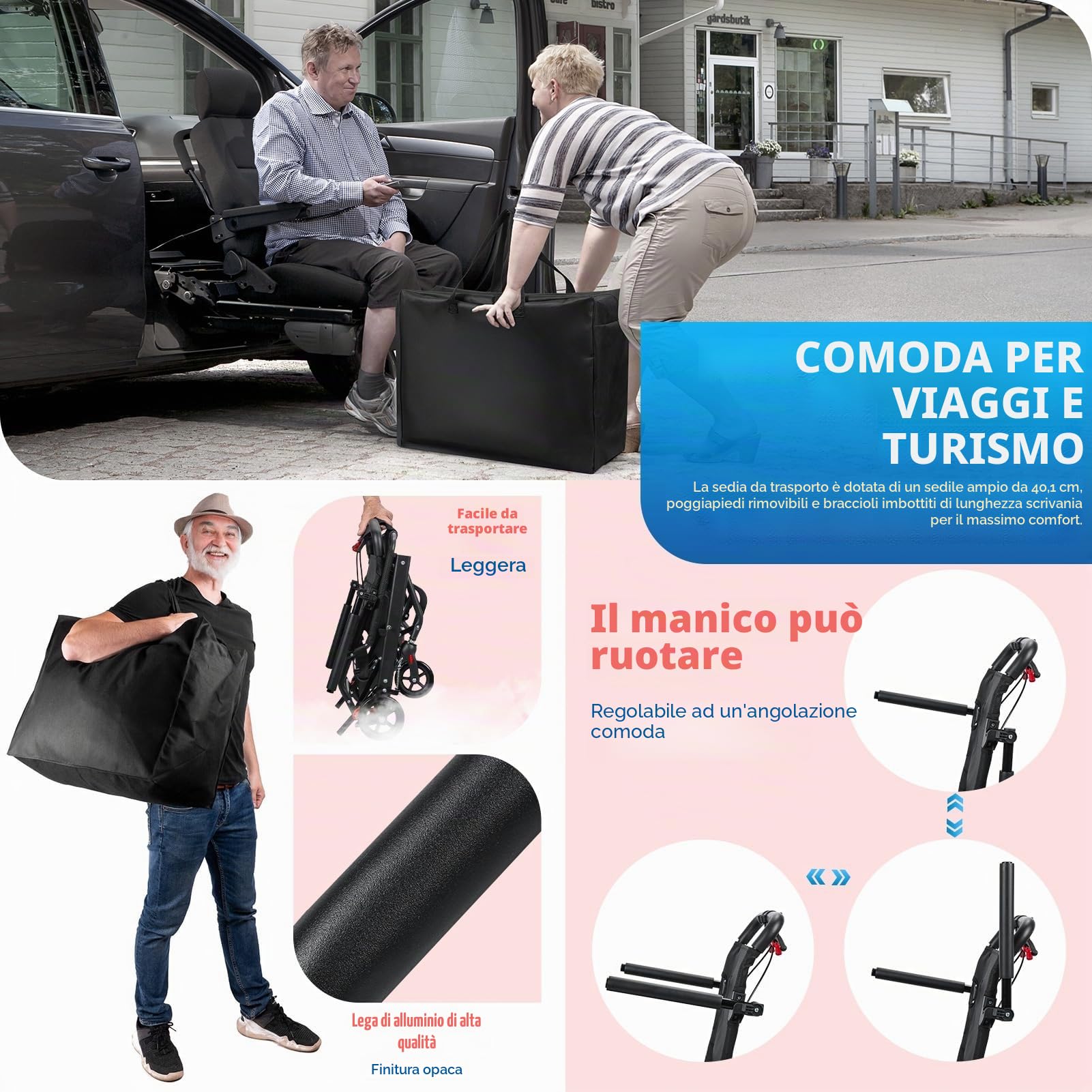 Sedia a rotelle ultra sottile per adulti, leggera, pieghevole, portatile, per viaggiare facilmente, stretta, leggera, pieghevole, colore: nero