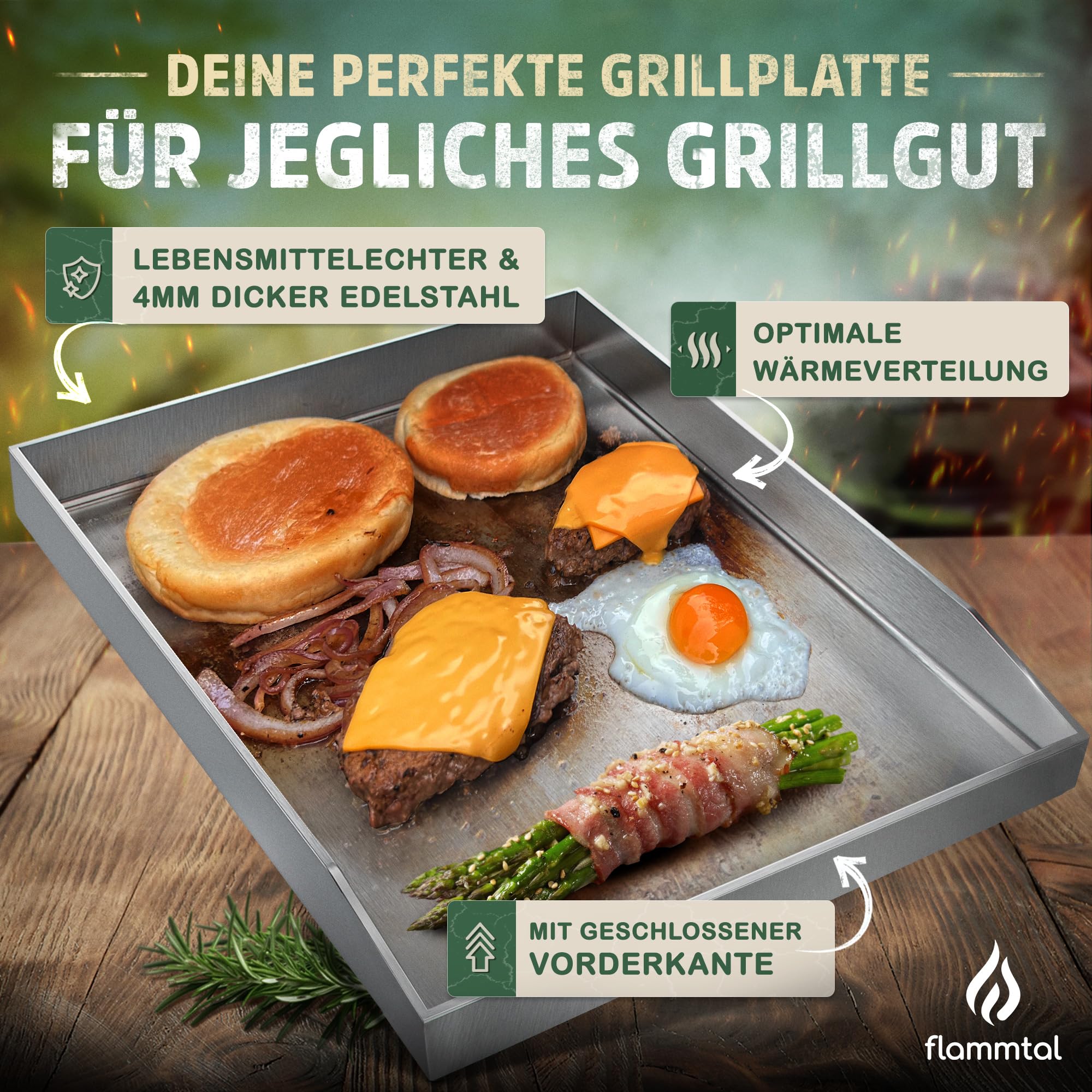 flammtal - Grillplatte aus 4mm rostfreiem Edelstahl [40 x 30cm] - Plancha mit Grillspachtel Set & Burgerpapier - passend für Gas- & Kohlegrill - auslaufsichere Ecken für sauberes Grillen