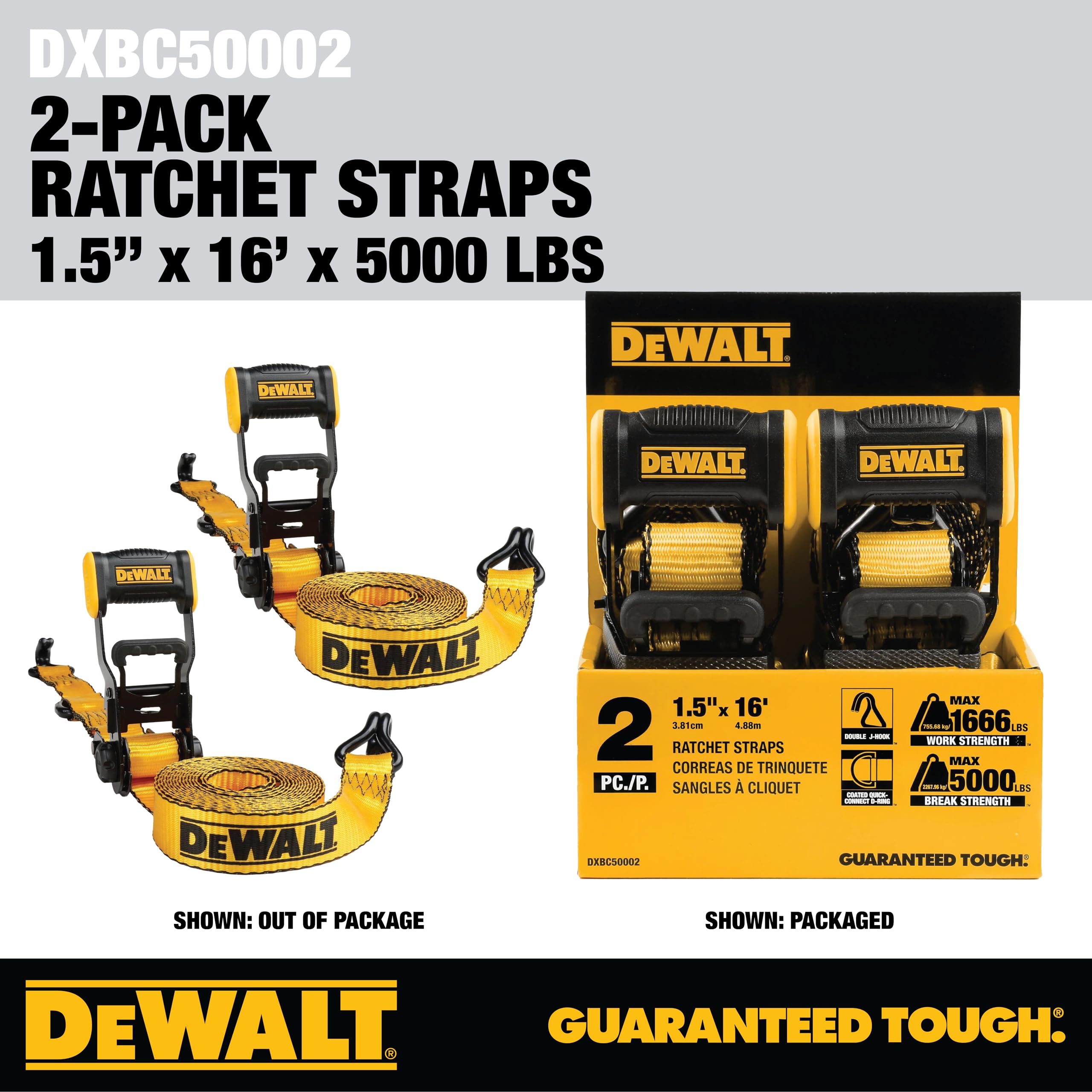 DEWALT DXBC50002 - Cinghie di fissaggio a cricchetto, 3,8 cm x 40,6 m, per carichi pesanti (resistenza alla rottura 2.268 kg), confezione da 2