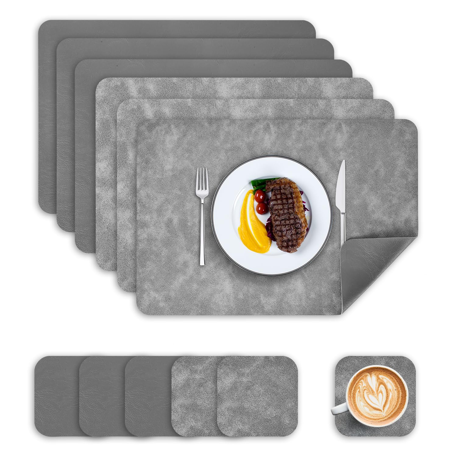 Wanfolle Tischsets Abwaschbar und Untersetzer 6er Set, Tischsets Leder Platzset Abwischbar Doppelseitigen Hitzebeständig Wasserdicht rutschfest Platzdeckchen Lederoptik (Grau Dunkelgrau)