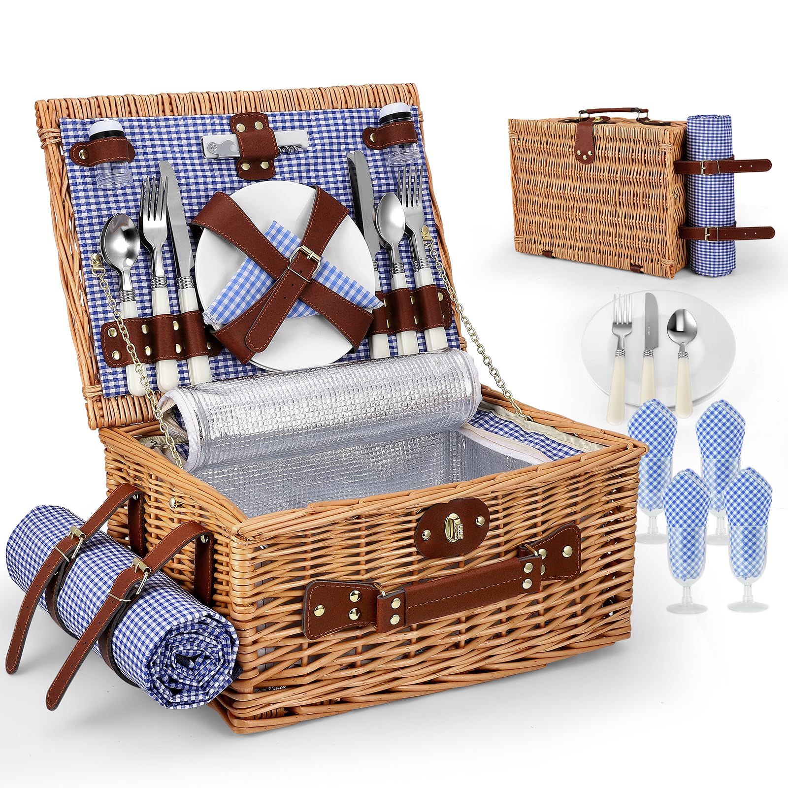Cesta de Picnic Mimbre para 4 Personas, Cesta Trenzada a Mano con Aislamiento Integrado y Manta Impermeable – Set Completo con 4 Cubiertos, Platos, Vasos para Camping Playa jardín