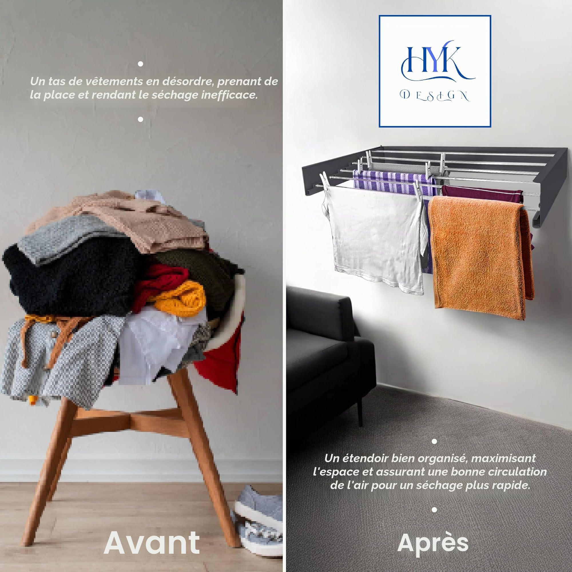 HYK Étendoir à linge mural pliable, capacité de 35 kg, utilisation intérieure et extérieure, facile à installer, étendoir rétractable pour linge, chambre à coucher, jardin (BLANC, 70 cm)