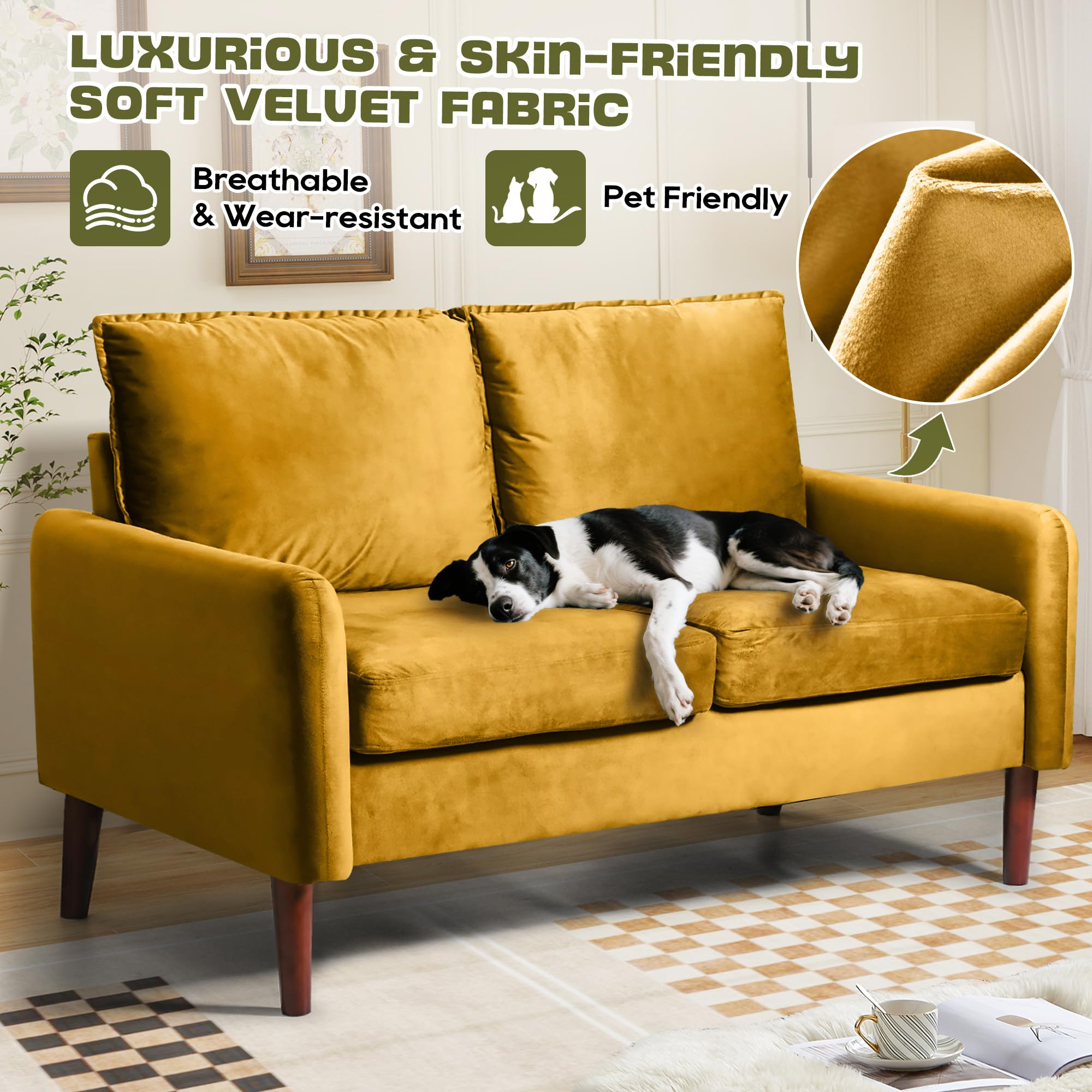 Bilhilury 54" Loveseat Sofa, Velvet Love Seat Couches for Living Room, Loveseat for Small Spaces, Small Couch for Bedroom Apartment Office, Mid-Century Modern Sofa with Throw Pillow,: Ginger