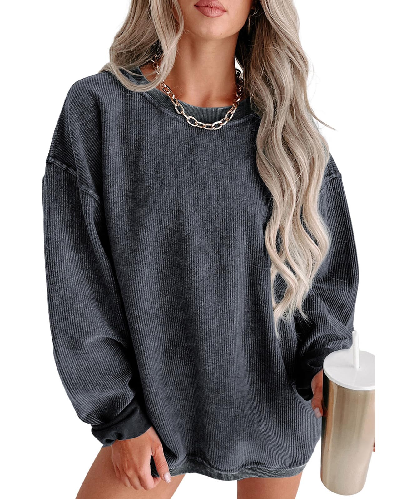 SELINK Womens Crewneck Oversized Corduroy Corded Sweatshirt Long Sleeve Casual Pullover Tops