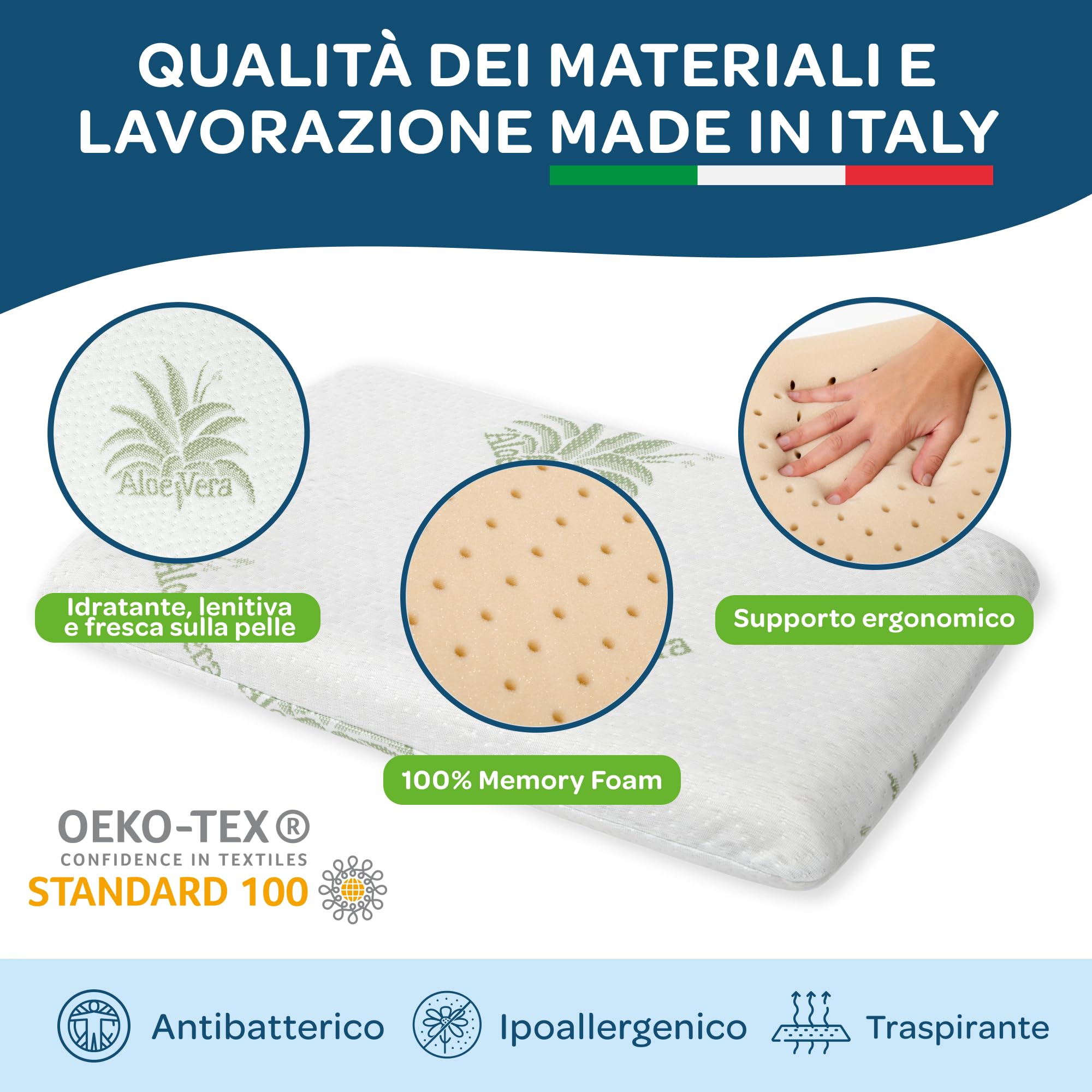 DOLCI SOGNI Cuscino Lettino Bambino Antisoffoco 50x30 Memory Foam Spessore 5,5 cm, OEKO-TEX® e CertiPUR™ Cuscino per Asilo, Guanciale Bambini Modello Aloe Cuscino da Viaggio 100% Made in Italy
