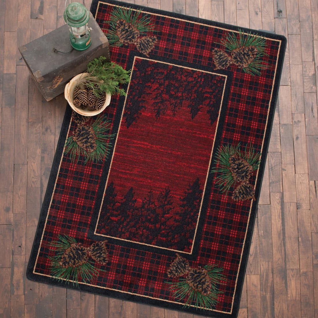 BLACK FOREST DECOR Pinecones Forest Plaid Rug - 5 x 8, Nylon, Indoor Area Rug, 4" W x 7