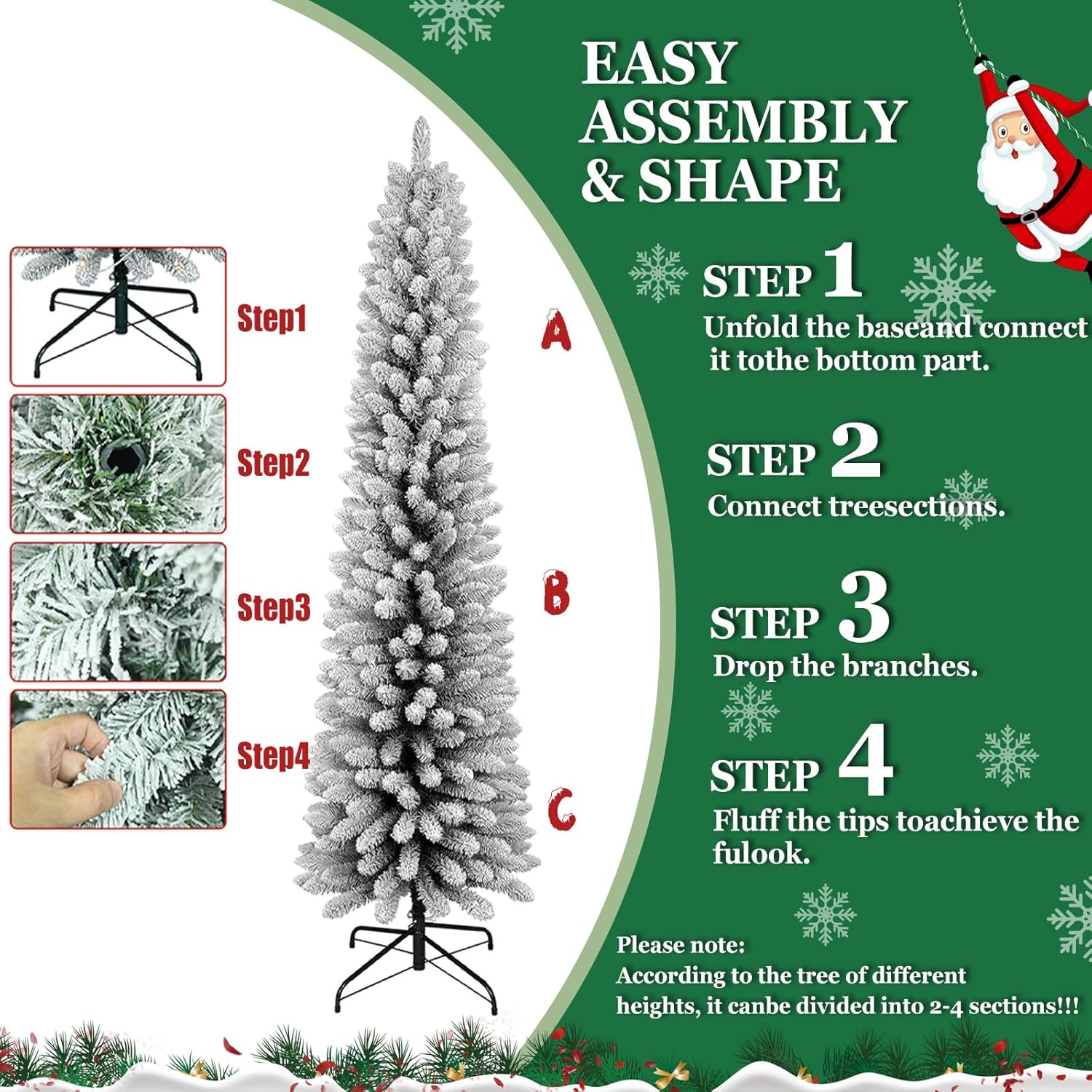 LAMPHOME 7FT Flocked PVC Pencil Tree - 469 Slim Tips, Wrap Design, Metal Stand for Small-Space Xmas