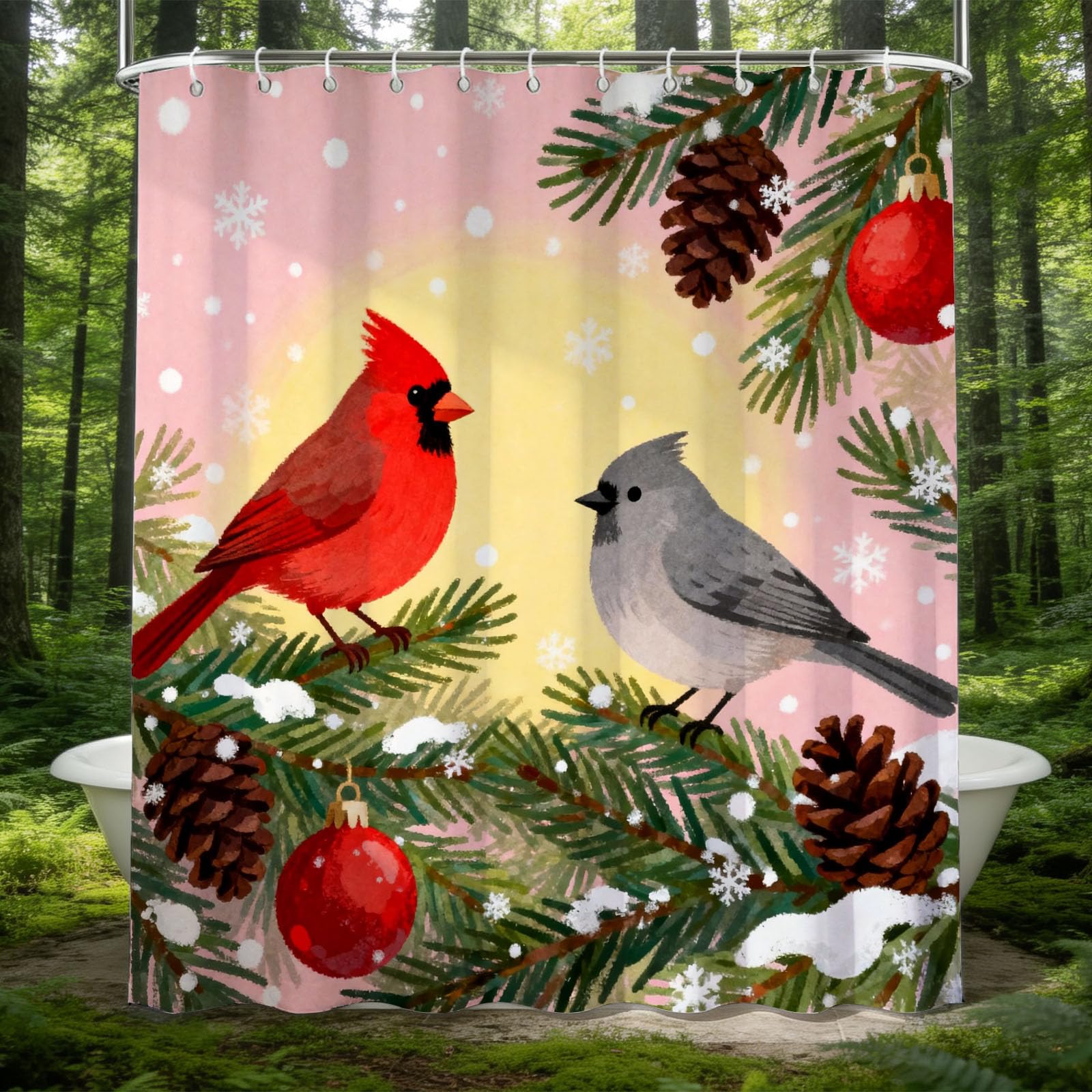 Hongduo 3D Winter Birds Shower Curtain for Stalls Bathtubs Pine Branch Bathroom Decor Shower Curtain Set Polyester Fabric Waterproof 200x200cm/79X79 Inch with Hooks
