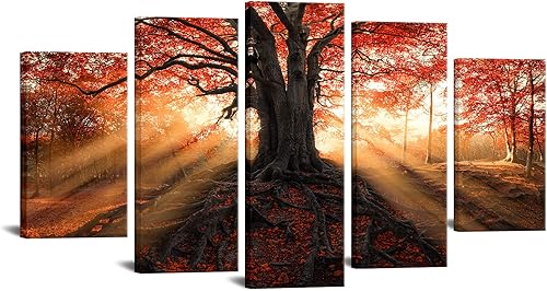 iKNOW FOTO 5 paneles de lienzo de árbol grande, arte de pared, diseño de bosque de otoño, impresiones artísticas sobre lienzo, paisaje natural,