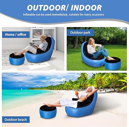 Miniatura 3 de Sofá inflable con reposabrazos y otomana, tumbona inflable, sofá perezoso plegable, muebles inflables sin bomba para campamento, pesca, fiesta,