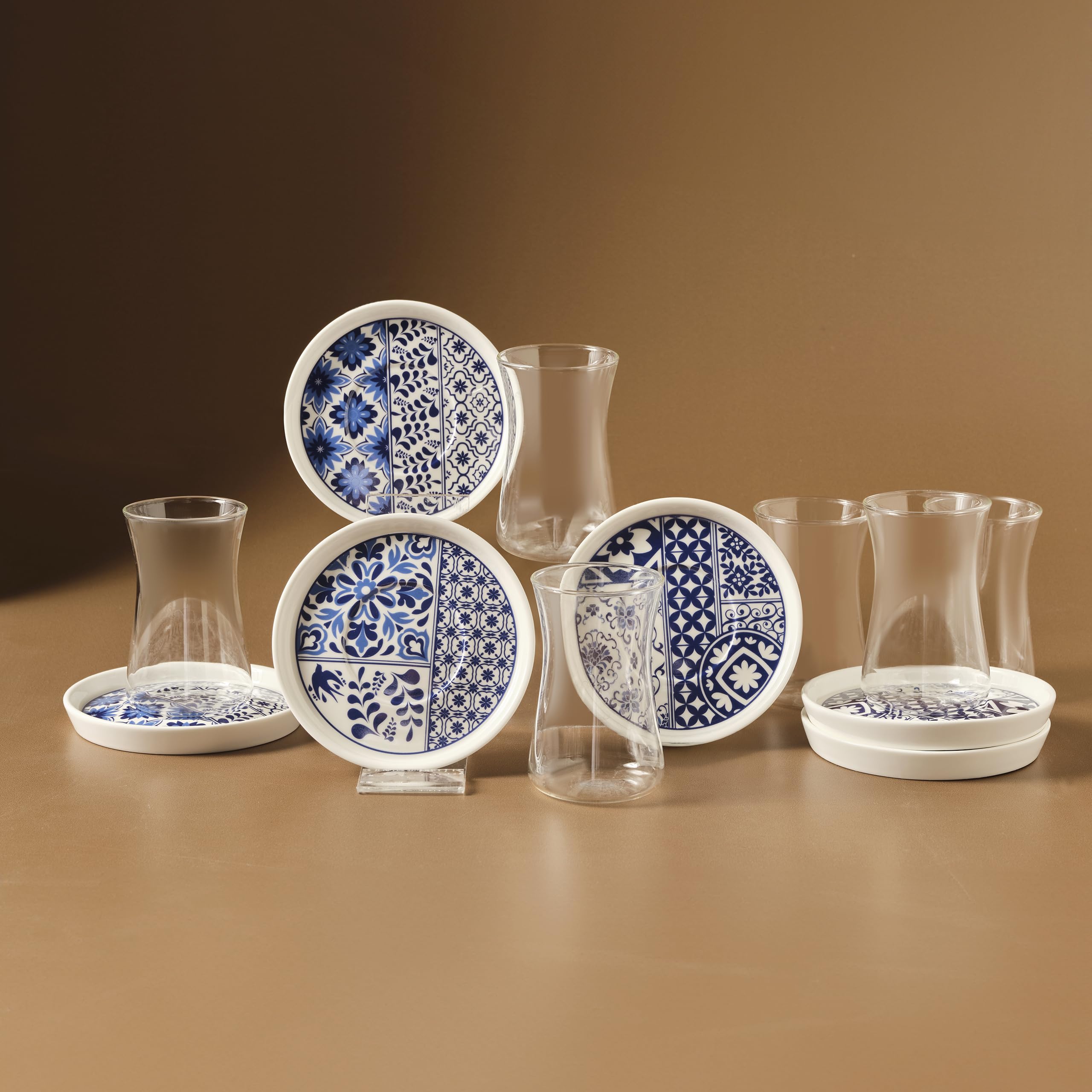 KARACA Portela 12 Piece Bone China Turkish Tea Set for 6 People - 170ml Tea Glasses with Decorative Saucers, Traditional Turkish Tea Serving Set, Dishwasher Safe