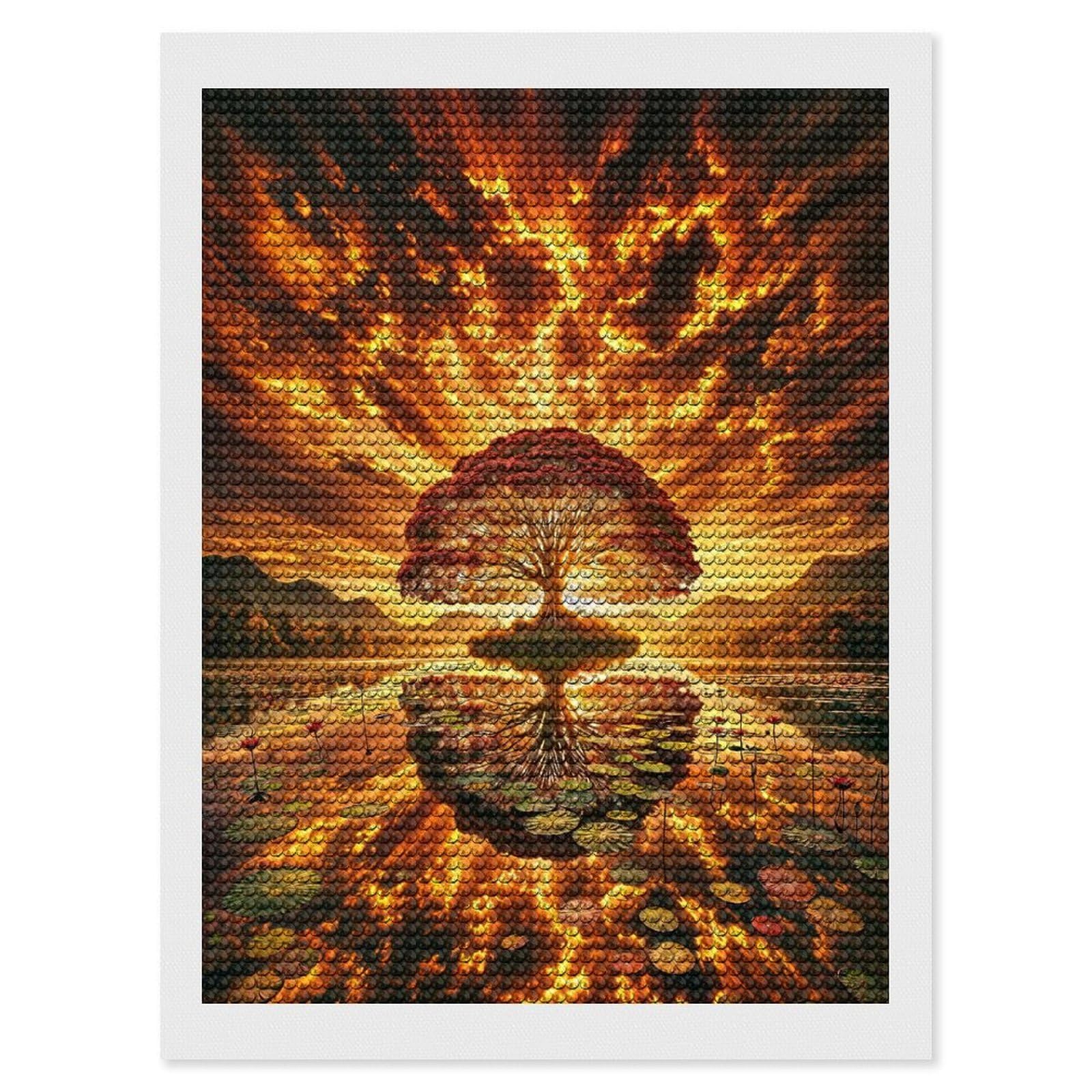 Junmoney Fiery Sunset Tree Diamond Painting Canvas Kit 12"x16", Adhesive Canvas, Living Room Decor, Farmhouse Decor, Winter Craft