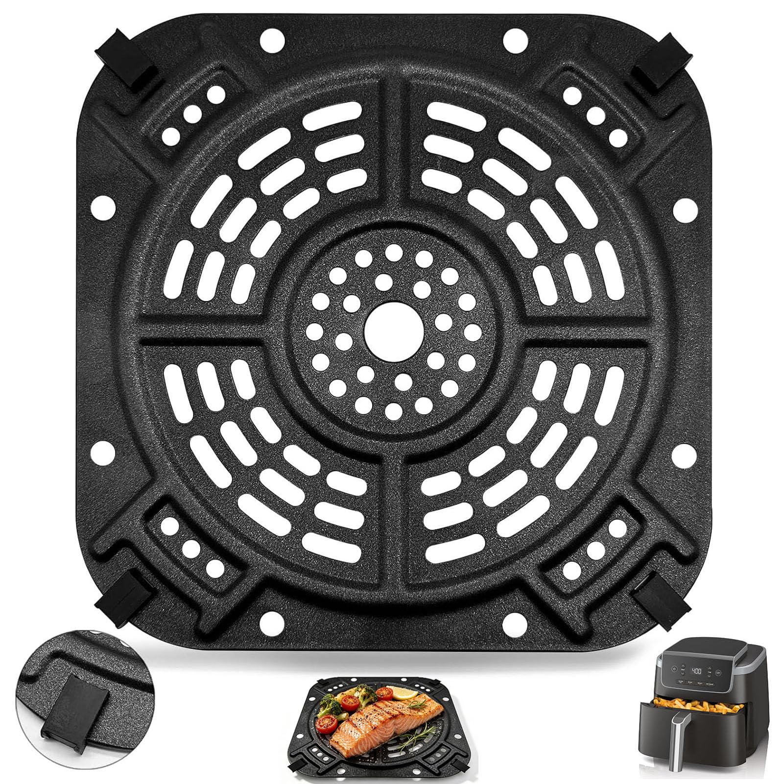 GXF Air Fryer Grill Pan for Ninja AF110UK AF140UK Air Fryer 4-in-1 4.7L, 8.43''×8.43'' Air Fryer Accessories Tray Rack Grill Plate Crisper Plate Replacement Parts with Rubber Bumpers