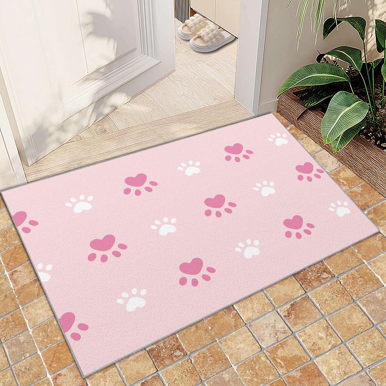 QDJKBL Entrance Rug 60 X 140 Cm Cute Kitten Animal Footprints, Pink Minimalist Girls Bedroom Doormats, Entrance Carpet Wear-Resistant and Non-Slip for Entrance Door Entryway
