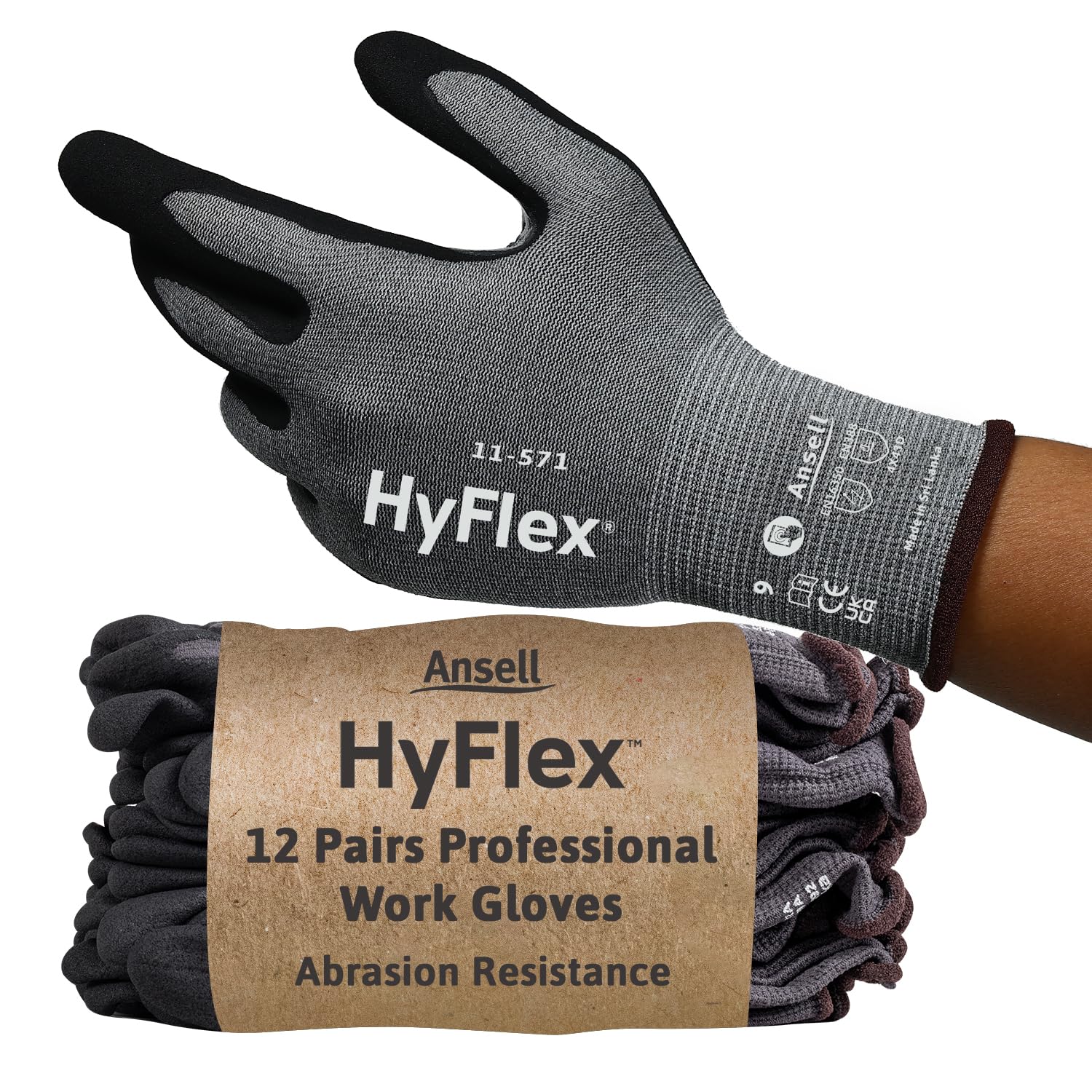 Ansell HyFlex 11-571 Cut Resistant Work Gloves, Abrasion Resistant Nitrile Coating, Industrial Safety Gloves, Lightweight, Breathable and Washable, PPE Men Women, Blue, Size M (12 Pairs)