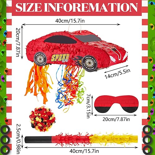 Miniatura 2 de 4 Piñatas de auto de carreras de 15.7 pulgadas con cuerdas de tracción, piñata de coche de carreras 3D con confeti de murciélago de doble cara para