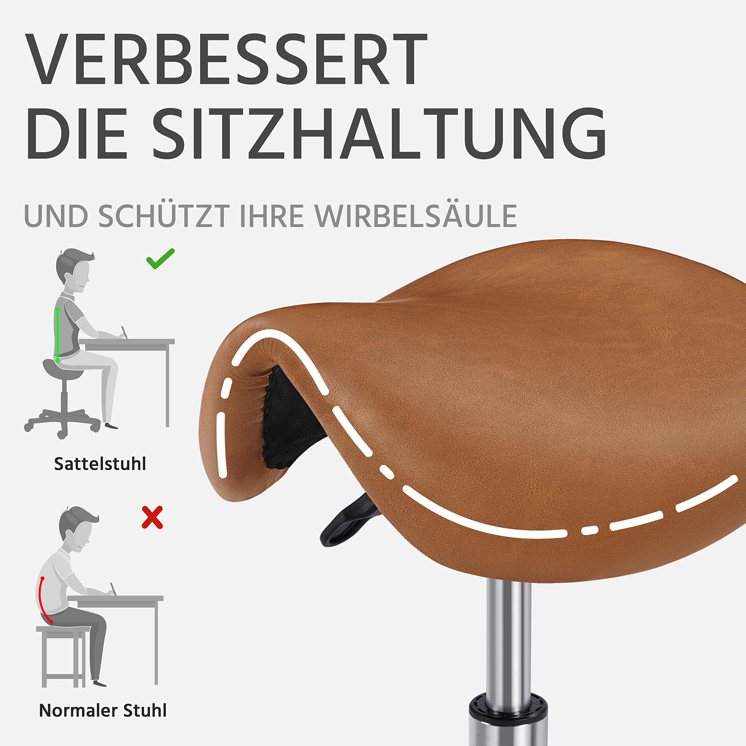 Yaheetech Bürohocker Sattelhocker Rollhocker Drehhocker Praxishocker Arbeitshocker mit höhenverstellbaren 5 Rollen Braun