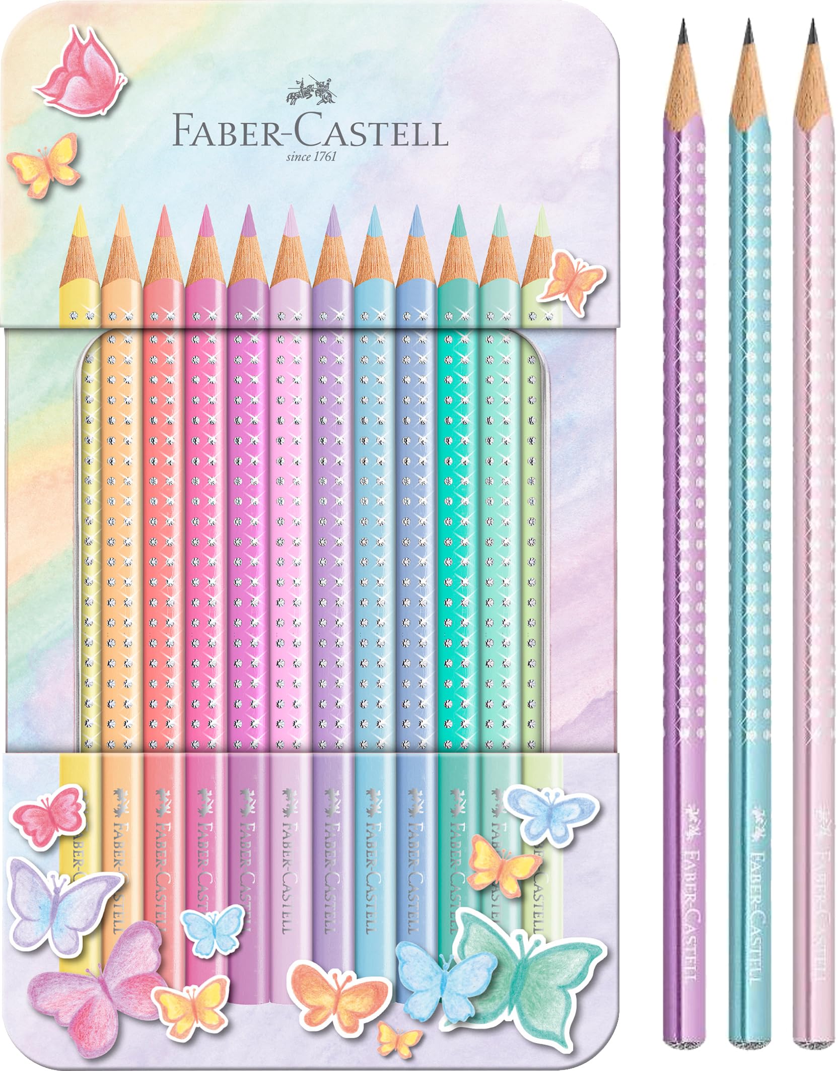 Faber-Castell 201910 - Buntstifte Sparkle Pastell, 12er Metalletui (Buntstifte Set Sparkle Pastell) (Buntstifte Set Maxi Sparkle Pastell, Pastell)