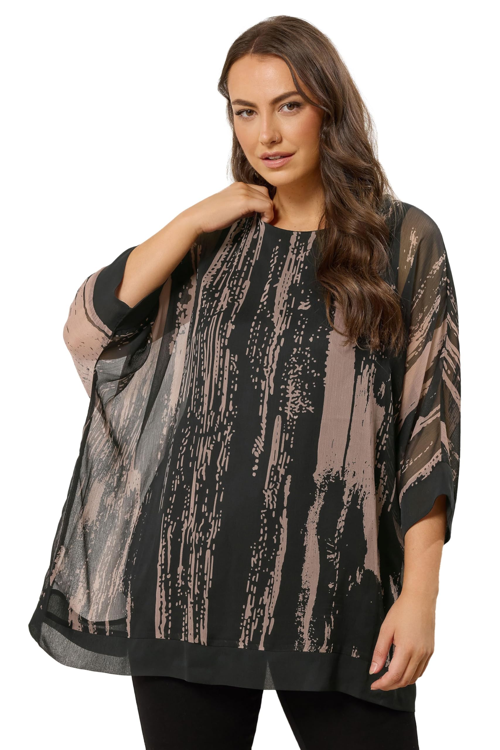 Evans Women's Black Curve & Brown Smudge Print Cape Top - Plus Size Curve