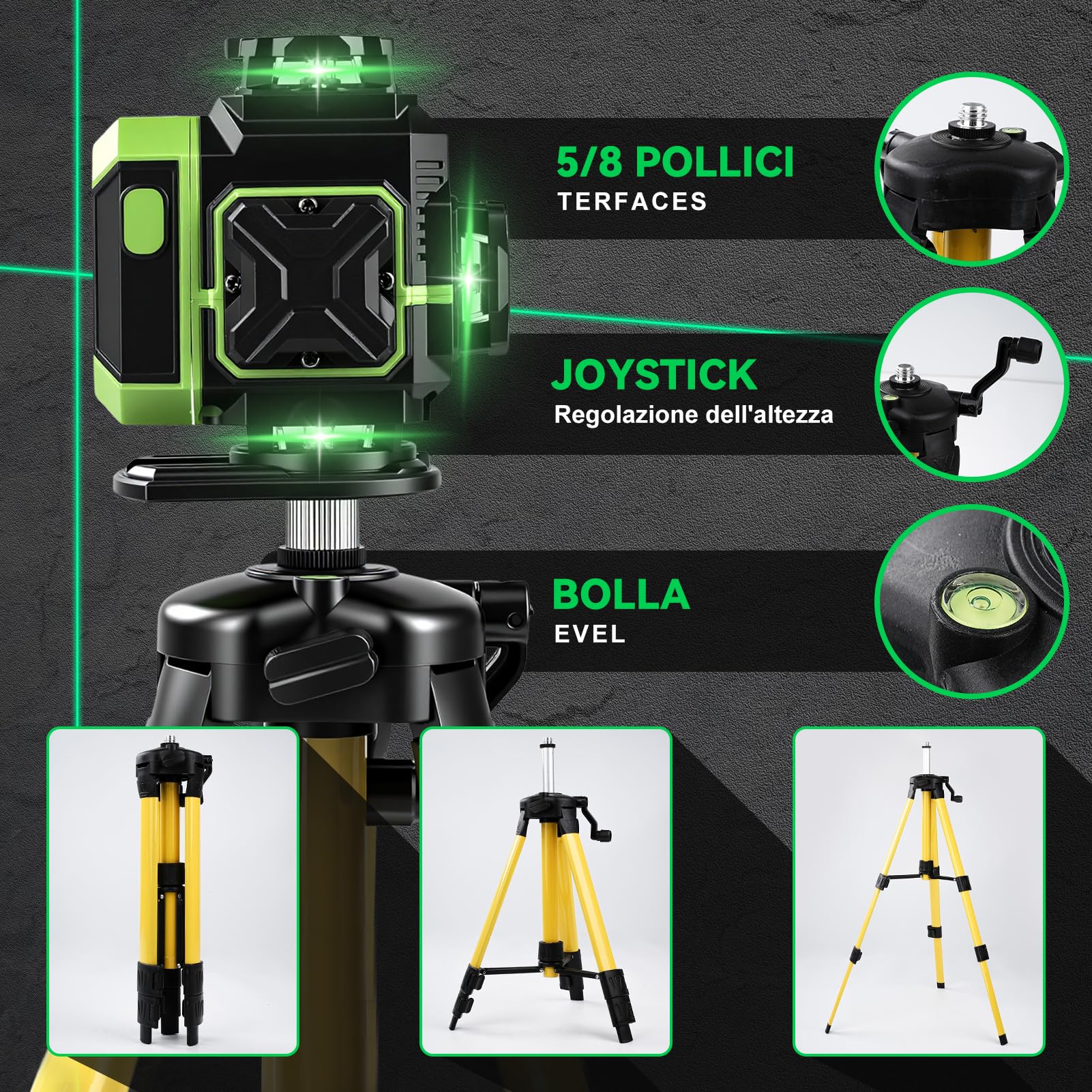 Livella Laser Autolivellante, 16 Lines 4 x360° Livella Laser Verde Potente con Treppiede Telescopico, 4D livella Laser a Linee Incrociate Dispositivo di Livellament, 3600mAh x 2 Batteria