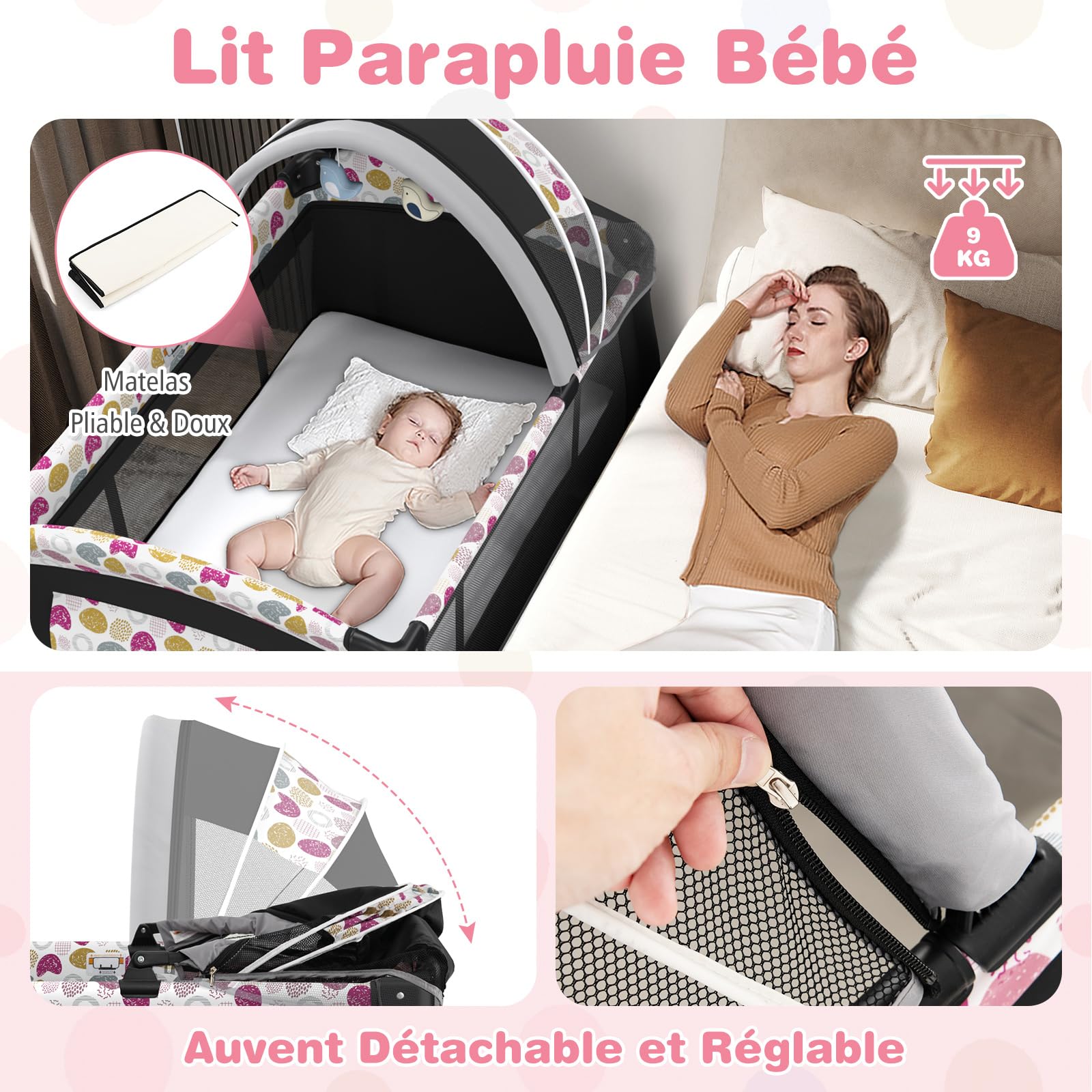 COSTWAY Lit Parapluie Bébé avec Matelas & Table à Langer Escamotable, Lit Bébé Évolutif avec Boîte à Musique & Jouets Suspendus, Auvent Réglable, Lit de Voyage pour 0-36 Mois (Cercles colorés,Noir)